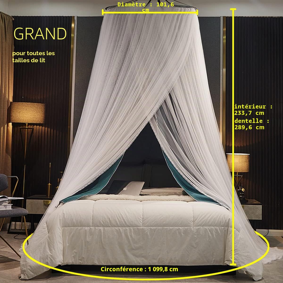 Kertnic Ciel de lit Luxueux pour Filles et Adultes, Grand Rideau de lit élégant à Double Couche, Voilage Rond en Dentelle à dôme de Princesse (Bleu Paon)