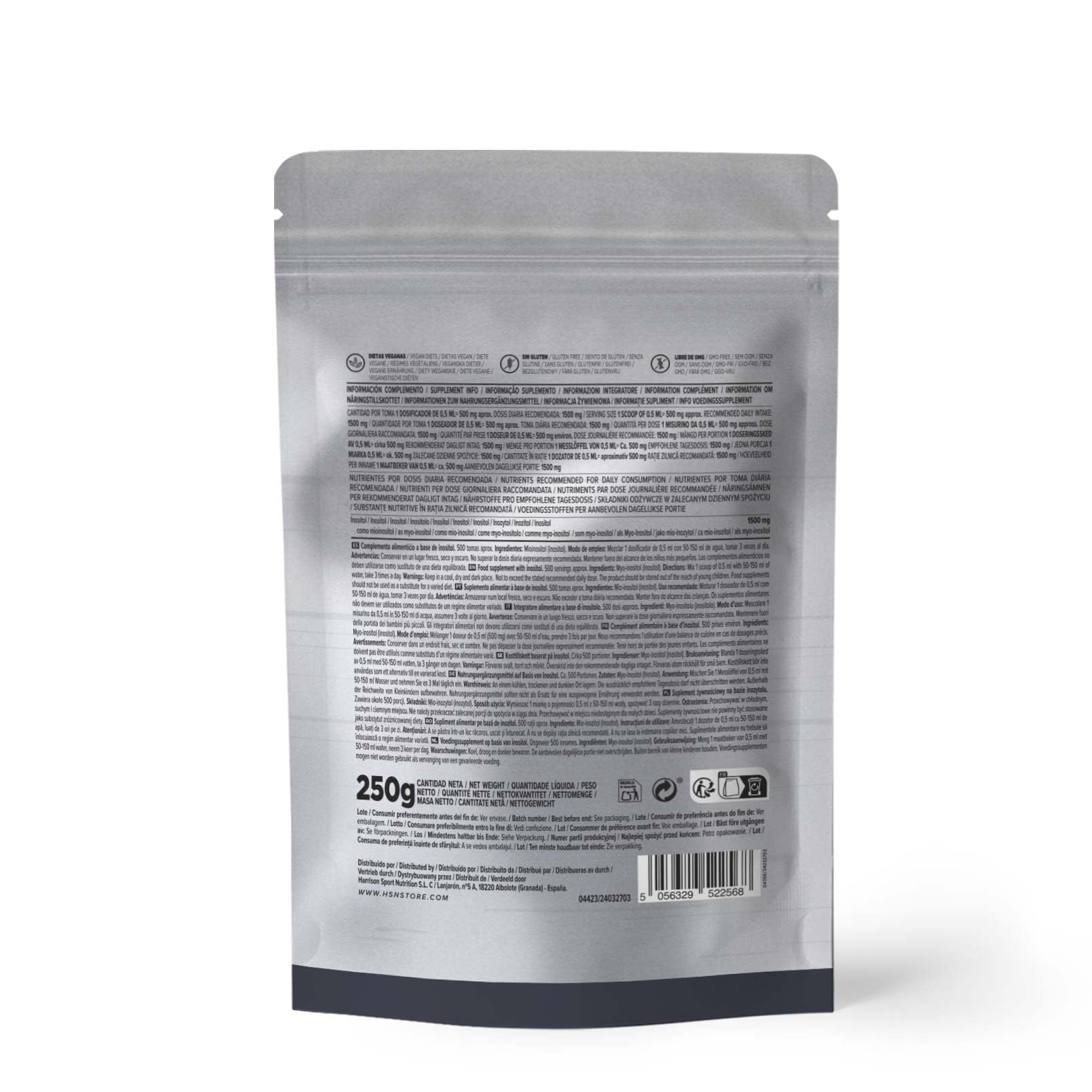 HSN Inositol en poudre (Myo-Inositol) | Sans goût 250 g = 500 portions | 100 % pur myo-inositol sans additifs ni excipients | Dosette non incluse | Sans OGM, Végan, Sans gluten