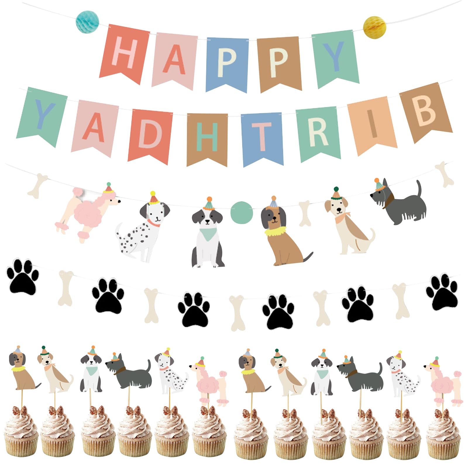 FOSDICK 15PCS Dog Birthday Decorations Set Happy Birthday Banner Dog Paw Print Bone Garland Colorful Puppy Party Decorations Puppy Celebration Backdrop Party Accessories