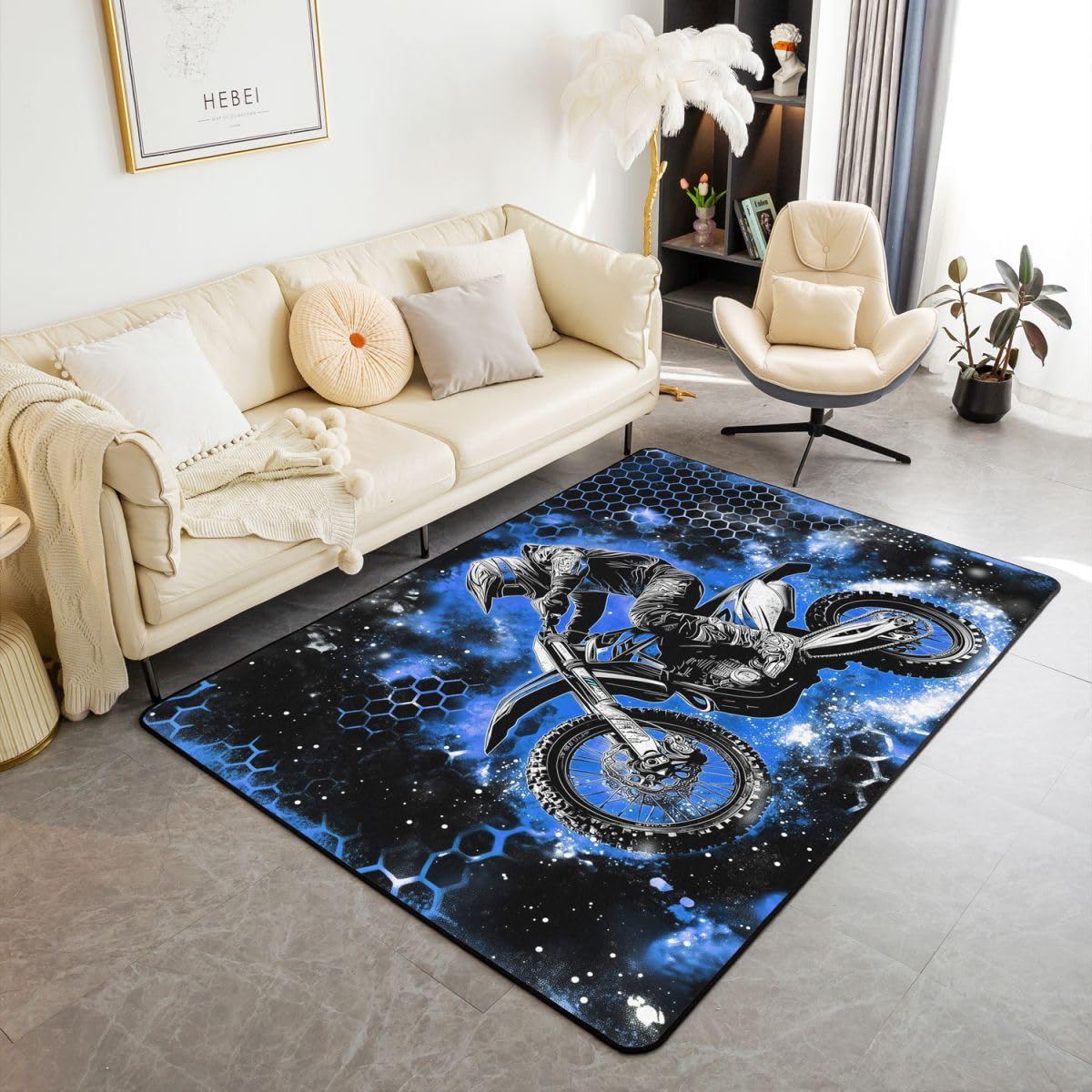 Motocross Wohnzimmer Teppich 150x200cm Extreme Sports Racing Dirt Bike Spiel Schlafzimmerbereich Teppich für Jungen Mädchen Geometrische Honeycomb Motorrad Sechseck Bodenmatte Heimdekor