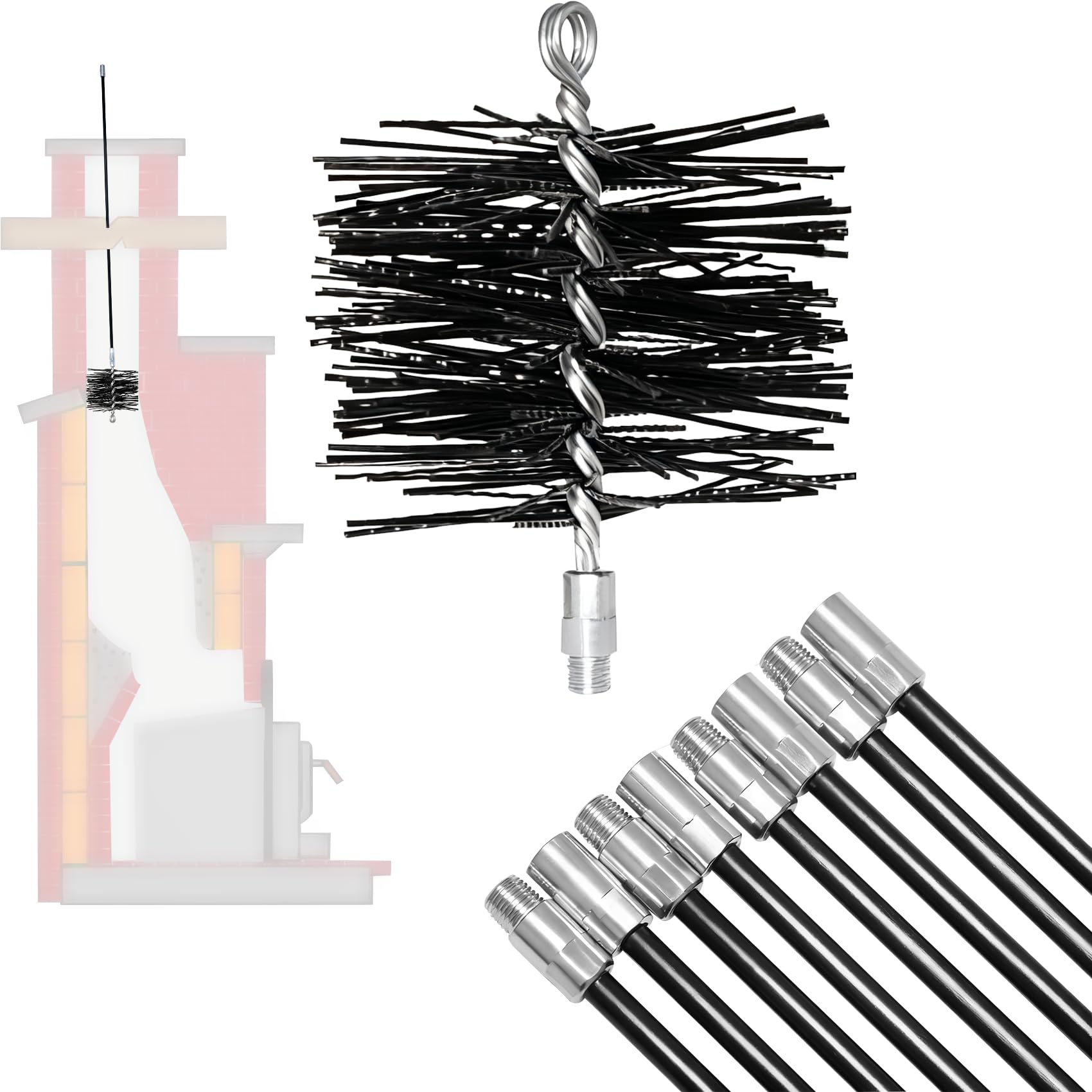 Photo 1 of *** FOR PARTS / MISSING EXTENSION RODS*** 6 Inch Chimney Brush and 24 Ft Fiberglass Chimney Rod Kit for Hearth Fireplace, for Straight Chimney Pipes and Flue Only, 1/4" NPT Fittings