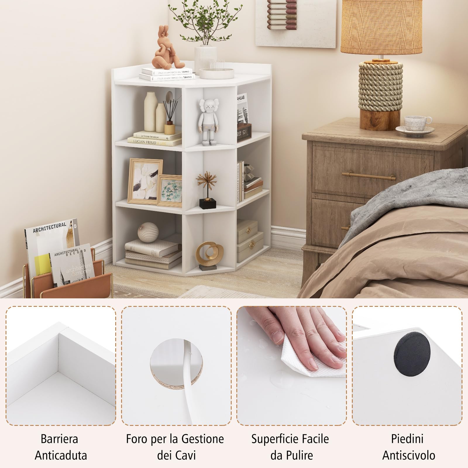 COSTWAY Mobile ad Angolo a 3 Livelli in Legno, Libreria Angolare Aperta con Stazione di Ricarica 9 Cubi 2 Porte USB e 4 Prese, Adatto per Spazi Ridotti, 51x71,5x86 cm (Bianco)