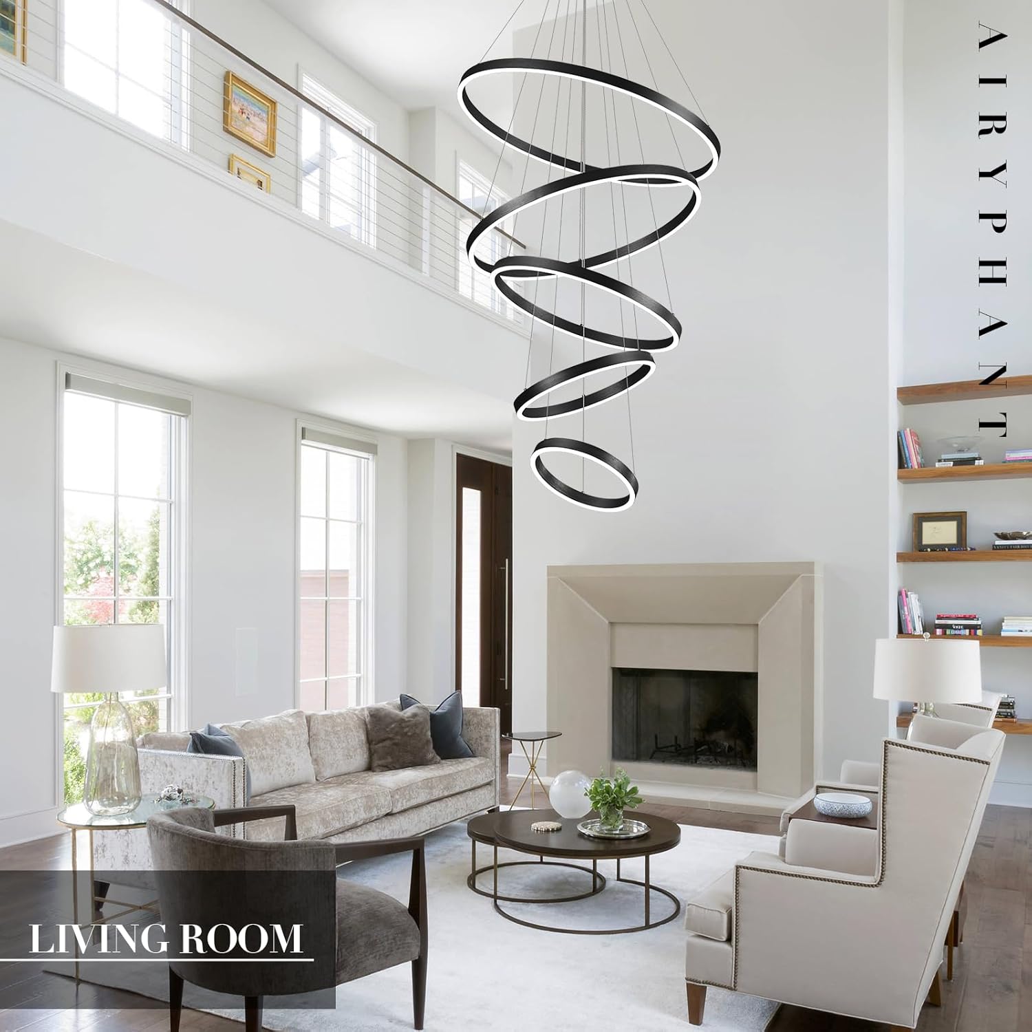 5-Ring Chandelier Black Modern LED Chandeliers High Ceiling 31" Large Foyer Chandelier Entryway Dimmable Pendant Light Fixture for Living Room Staircase, 3000K-6500K