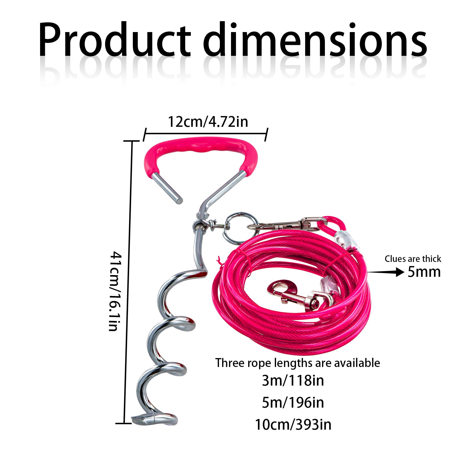 3 m Laisse pour Chien avec 42 cm Ancrage au Sol, 6 mm Câble d'attache Chiens Petite Medium Grande avec Crochet Pivotant, Jusqu'à 250 kg, PVC Coated, Anti-Morsure, Chaîne Chien Extérieur (3m Rose)