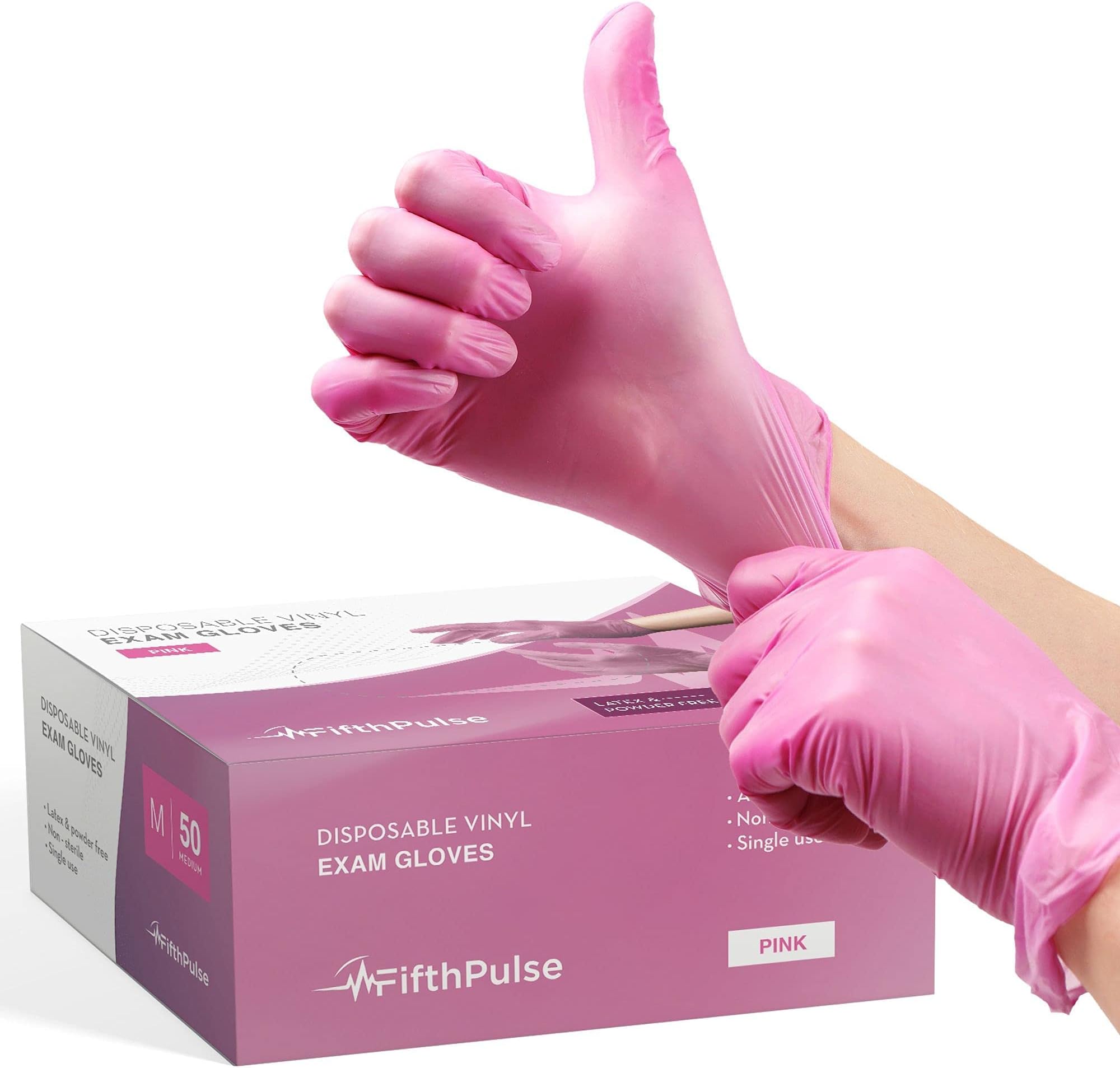 FifthPulse Pink Vinyl Disposable Gloves Medium 50 Pack - Latex Free, Powder Free Medical Exam Gloves - Surgical, Home, Cleaning, and Food Gloves - 3 Mil Thickness