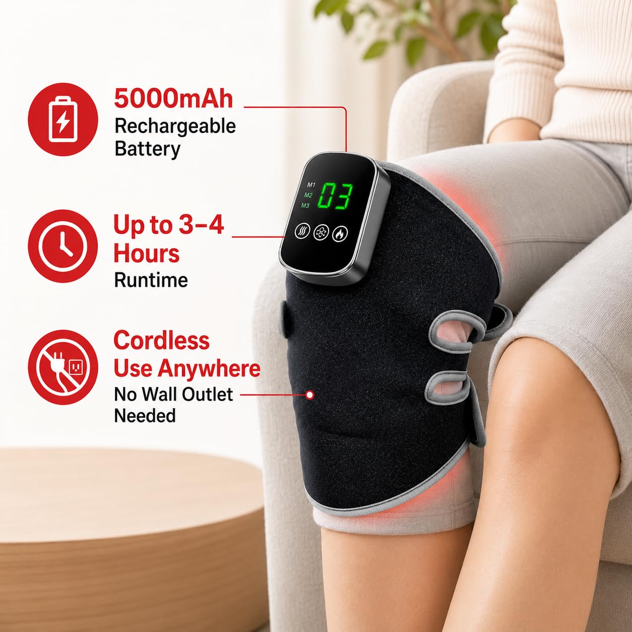 Terapia de luz roja inalámbrica para rodilla con calor y vibración, 60 LED calefactada 3 en 1, 660 nm y 850 nm infrarrojo para comodidad y alivio de las articulaciones, 5000 mAh recargable, se