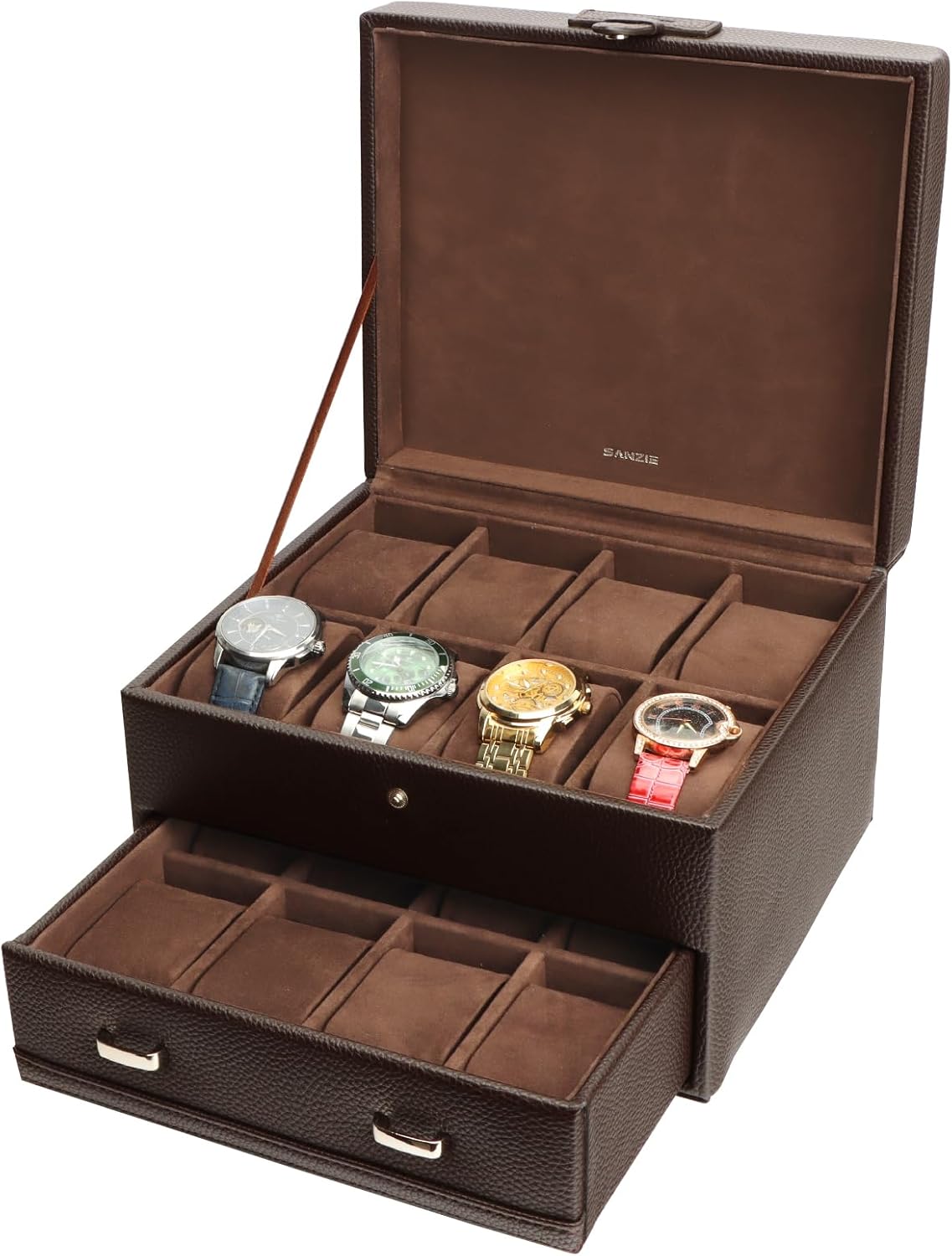 SANZIE 8-Slot Watch Box for Mens Watch Case with Removable Watch Pillows, Watch Holder Organizer Watch Storage with Brown Synthetic Leather (Brown)
