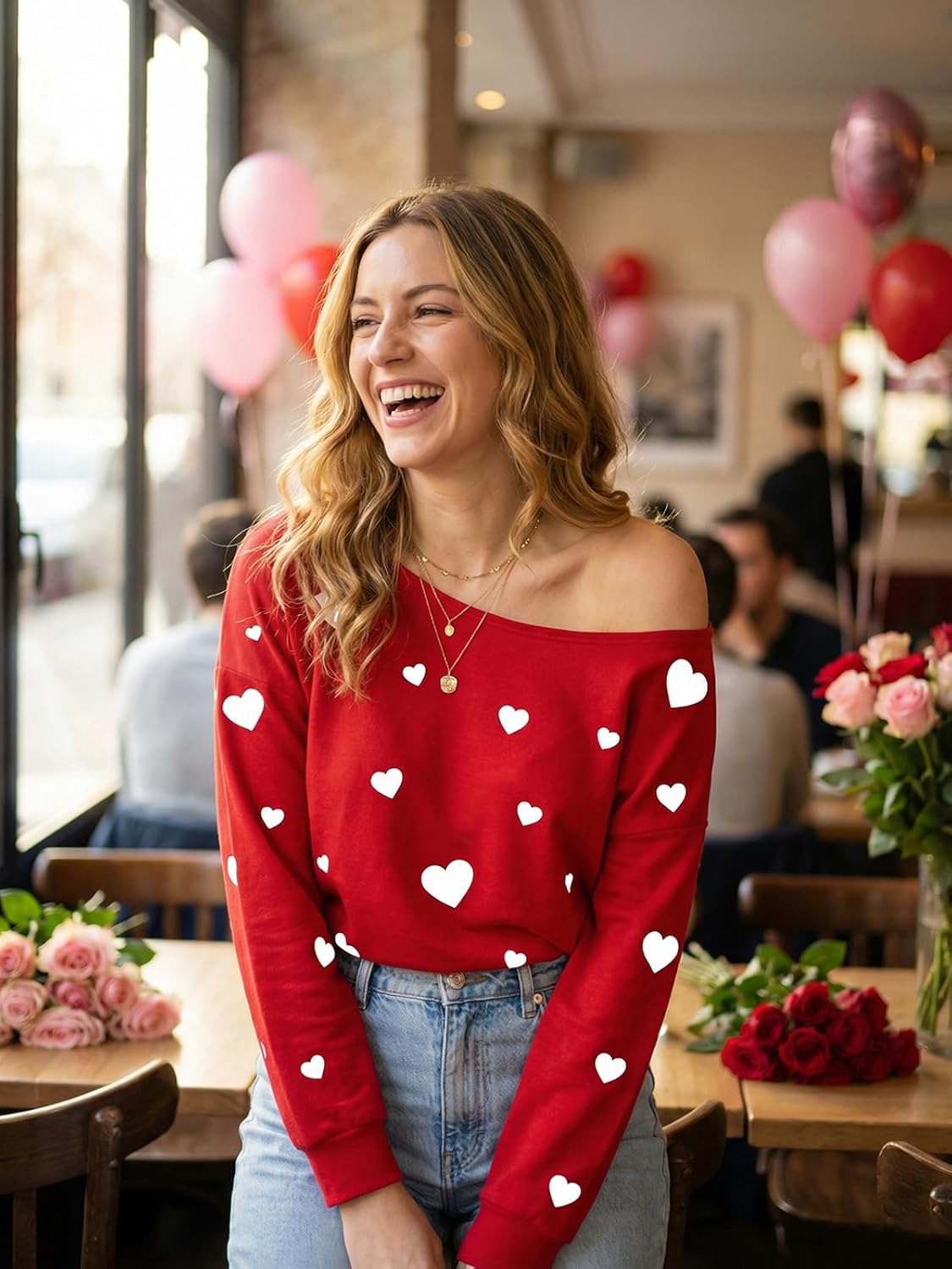 Valentines Shirts for Women Love Heart Graphic Off Shoulder Long Sleeve Shirt Cute Valentine's Day Gifts Tee Tops - Image 4