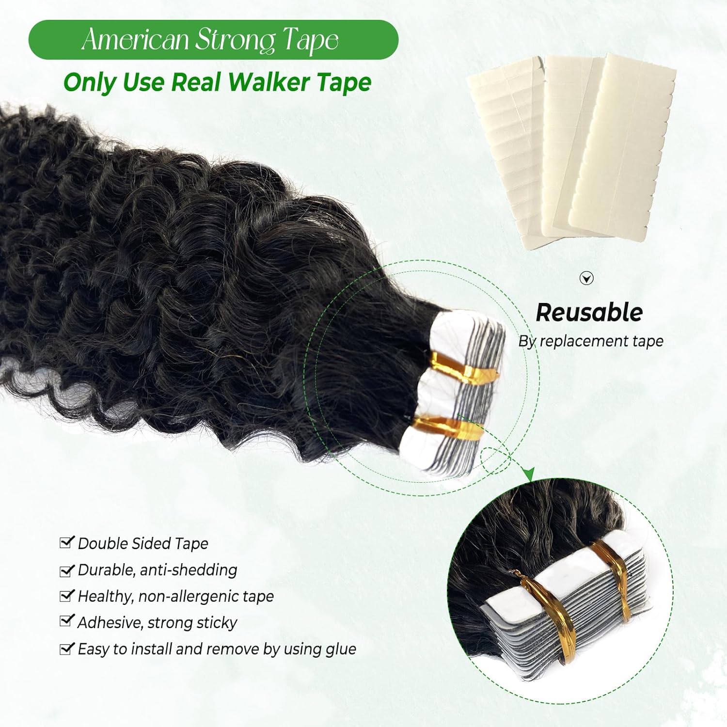 Water Wave Tape in Hair Extensions Human Hair, 18 Inch Natural Black Hair Extensions Real Remy Human Hair Tape ins for Black Women, 50g/pack 20pcs Double Sided Invisible Tape Hair Extension