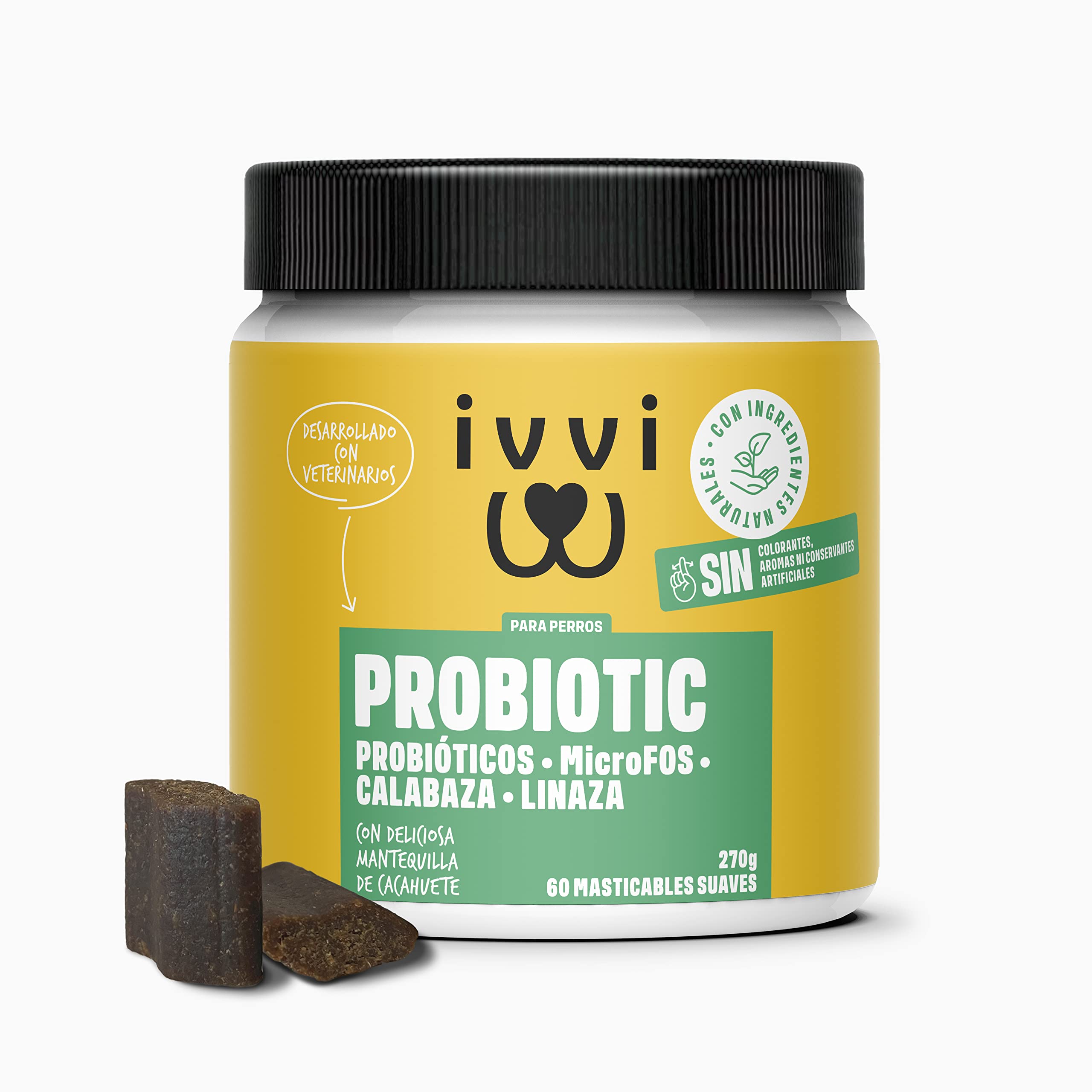 ivvi Probiotics for Dogs with Peanut Butter - 4bn CFU Probiotics & Prebiotics to Aid Digestion - 60 Tasty Soft Chews