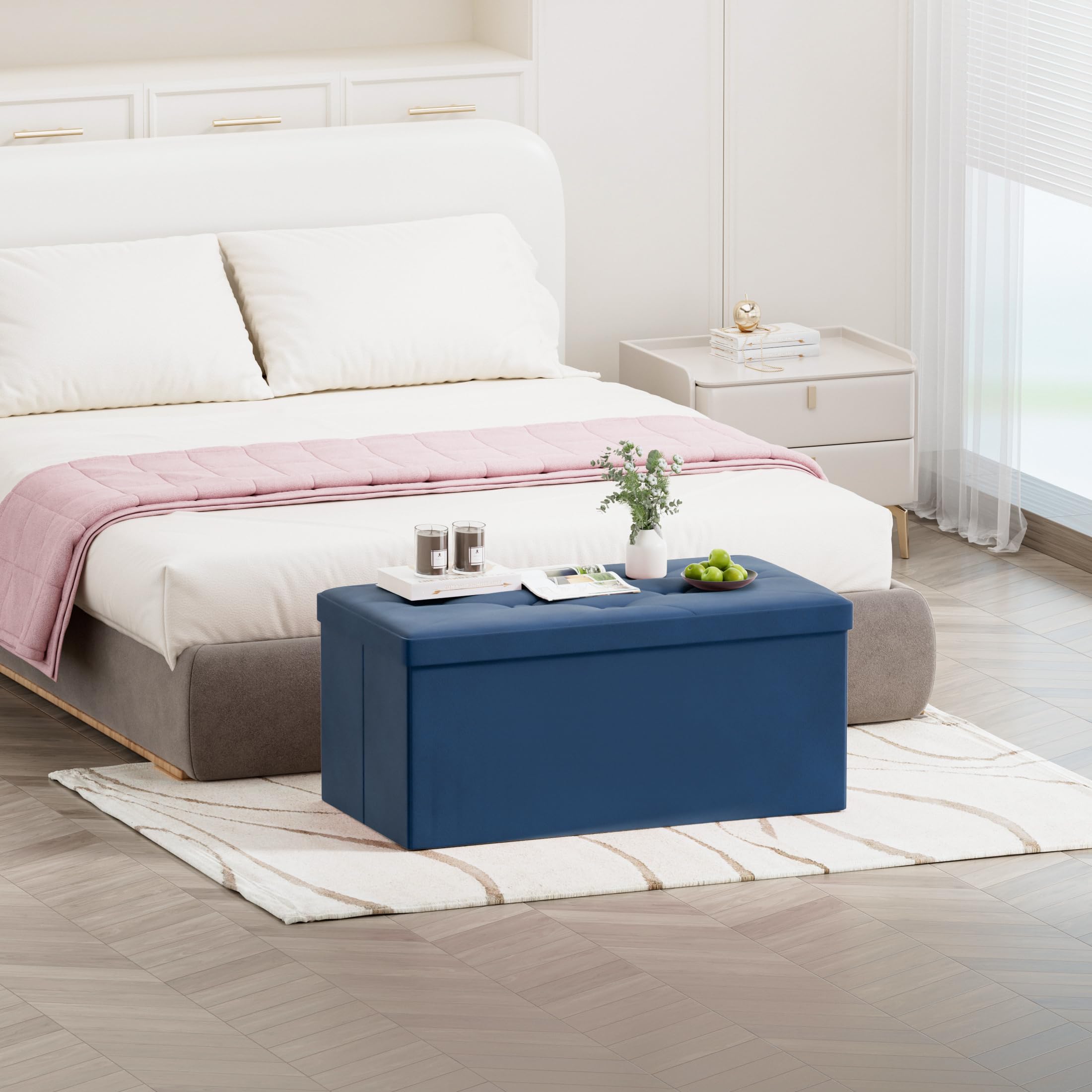 BRIAN & DANY Pouf Contenitore Pieghevole, Cassapanca Contenitore da Interno in Velluto, Puff Poggiapiedi Rettangolare Panca per Camera da Letto, 80x 40x 40 cm, Blu