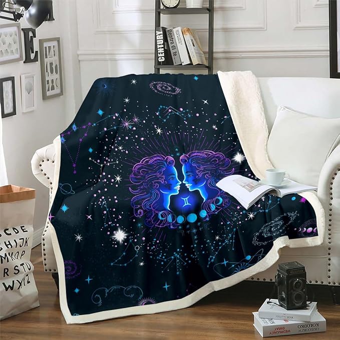 Erosebridal Gemini Blanket Trippy Cosmos Throw Blanket for Bed, Neon Blue Nebula Fleece Blanket Zodiac Astrology Sherpa Blanket, Psychedelic Celestial Horoscope Fuzzy Blanket