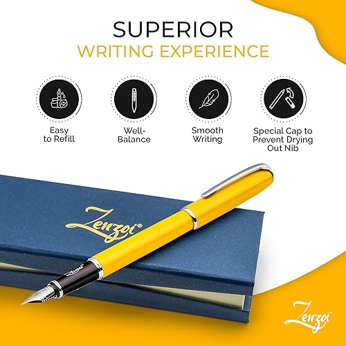 Vista 2 de ZenZoi Pluma estilográfica amarilla – Hermoso bolígrafo para mujeres, hombres. Punta fina Schmidt de escritura suave. Juego de regalo de pluma