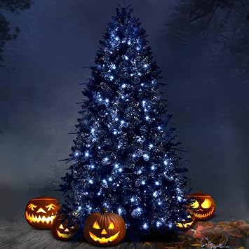 4FT Black Christmas Tree Prelit, Pre Lit Black Halloween Tree with 150 Lights and 666 Branch Tips, Artificial Trees with Metal Foldable Stand, Halloween Hinged Xmas Trees for Party Decoration