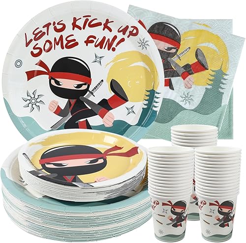 Suministros para fiestas de cumpleaños ninja (sirve 24) platos llanos, platos de postre, vasos, servilletas. Decoraciones de karate para baby shower