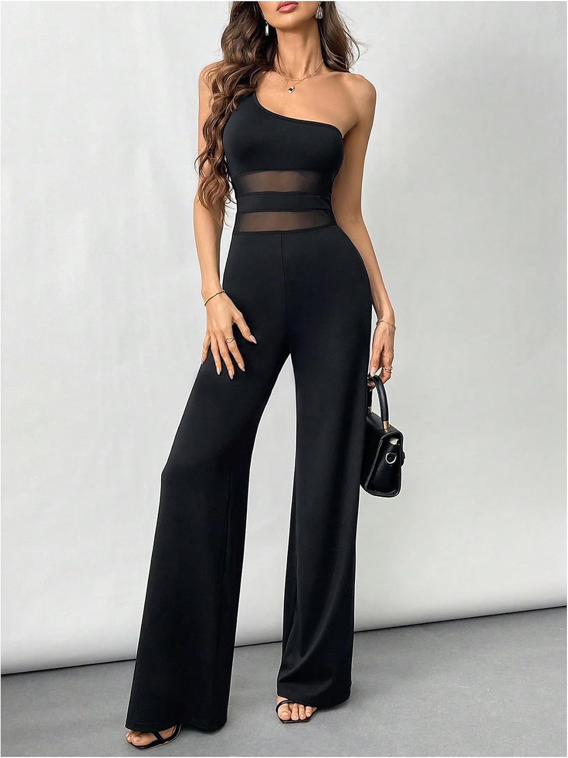 SHENHE Women's One Shoulder Wide Leg Jumpsuit Mesh Sleeveless Business Casual Romper Pants