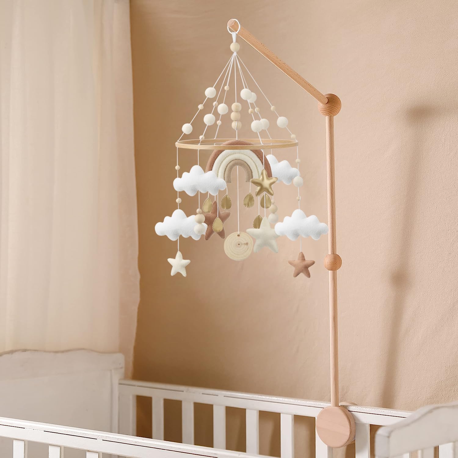 Rainbow mobile for crib - A Gender Neutral Boho Mobile for crib with gold stars and clouds