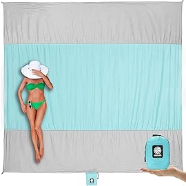 WEKAPO Beach Blanket - Sandproof Waterproof Extra Large Beach Mat | Oversized Sand-Free Lightweight Quick-Drying | Beach Vacation Essentials with Stakes & Corner Pockets (Grey, 7x7 FT)