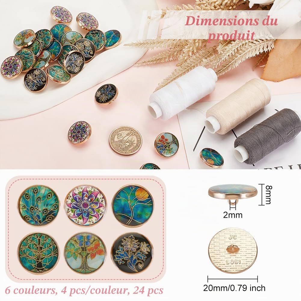 OLYCRAFT 24Pcs 6 Styles Boutons en alliage émaillé pour blazer en métal avec thème végétal 20x8mm Boutons de manchette vintage en forme d'arbre à fleurs pour Blazer Manteau Uniforme et Veste