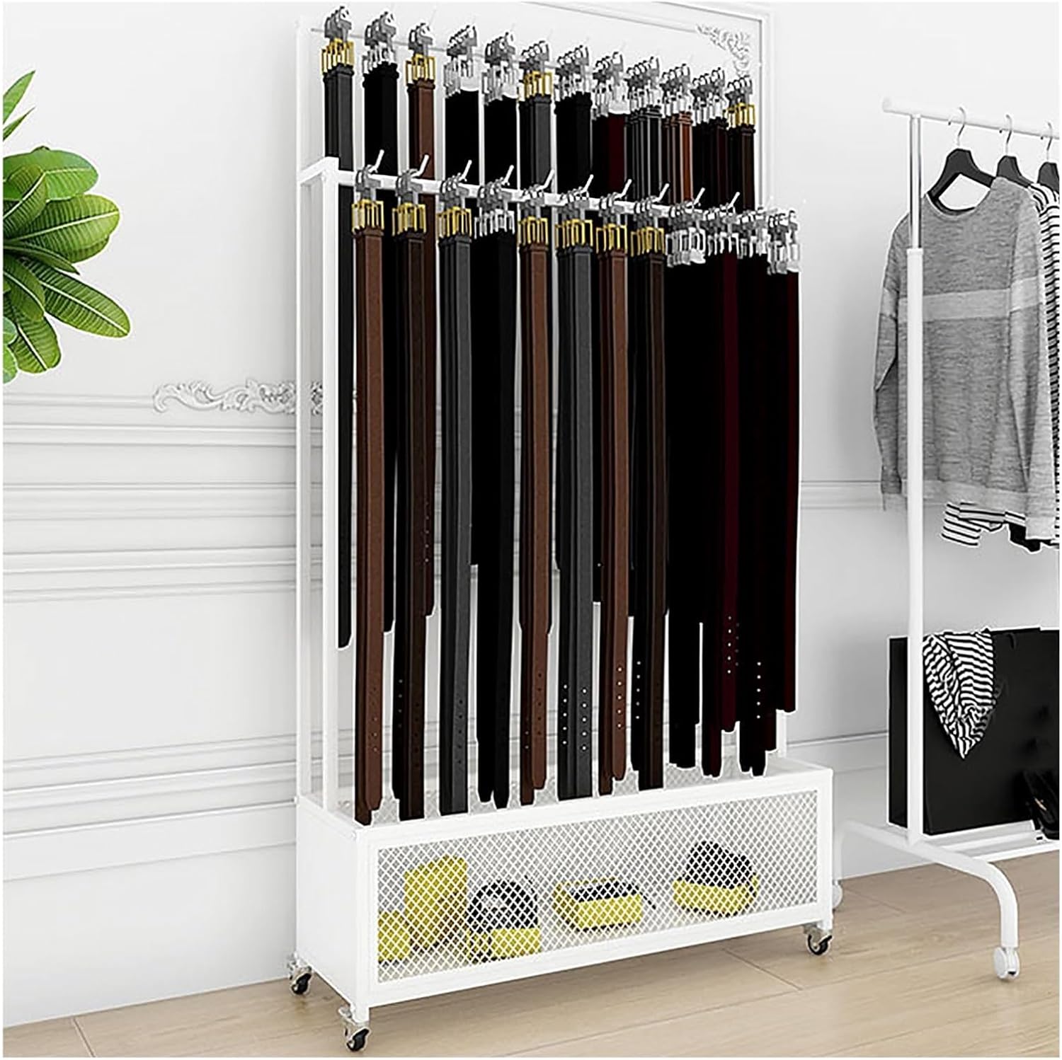 Mobile Storage Rack Freestanding Display Rack Tool Pegboard Garage,Portable Freestanding Belt Rack on Wheels - Iron Frame Tie/Underwear/Socks Display Stand with Bottom Storage Basket for GIF