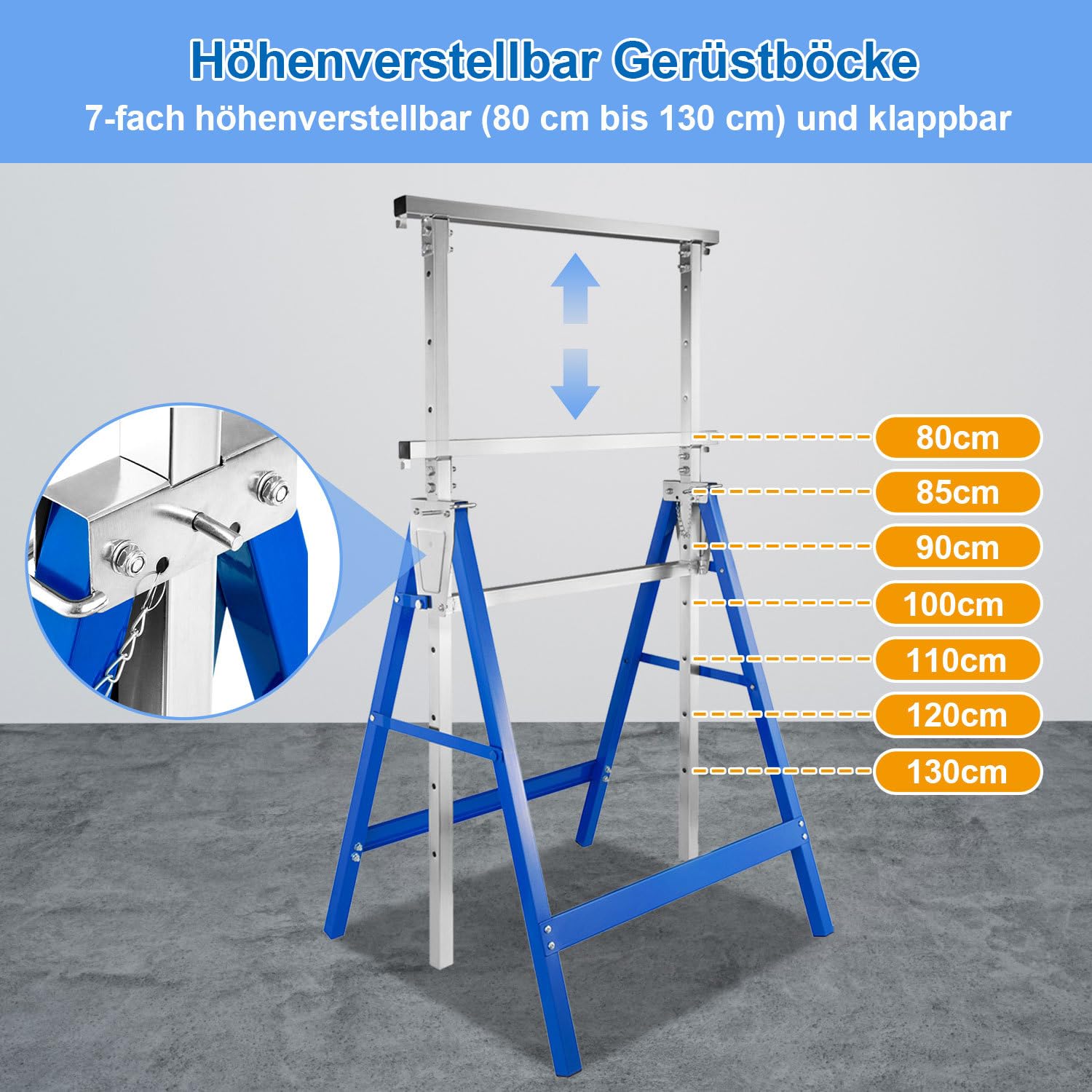 Juego de 4 caballetes de trabajo ajustables 80-130 cm, color azul | 200 kg de capacidad de carga, tubo de acero Q195, 7 niveles ajustables, andamios para taller, garaje, renovación