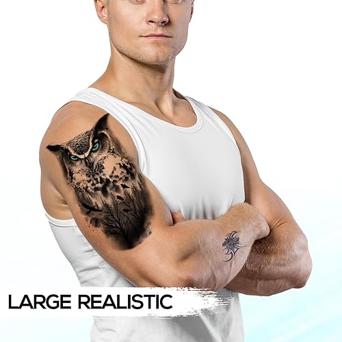 Miniatura 4 de 6 hojas de tatuajes temporales de animales 3D para mujeres y hombres, impermeables, falsos, realistas, patrón de lobo fresco, tigre y león,