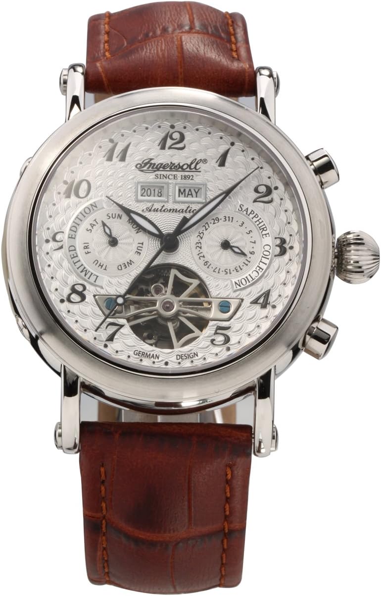 Ingersoll Men's Automatic Watch with Silver Dial Chronograph Display and Brown Leather Strap IN4510WH