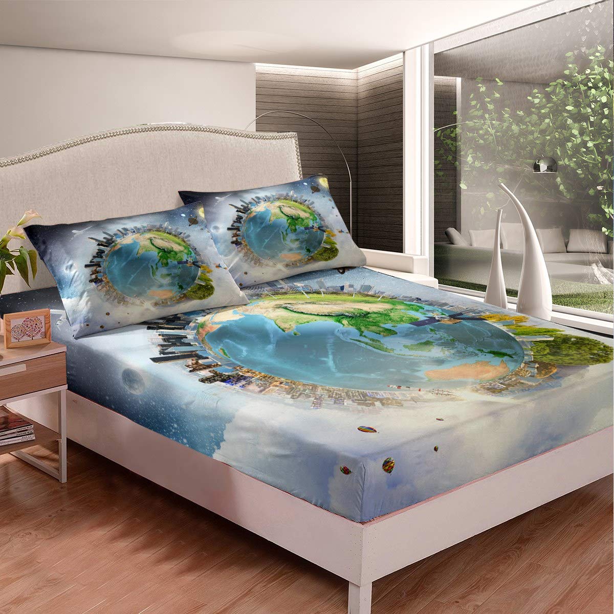 Loussiesd Earth Print Bedding Set Universe Planet Bed Sheet Set for Kids Boys Girls Teens Outer Space Themed Fitted Sheet Breathable Galaxy Bed Cover Starry Sky Room Decor Single Size