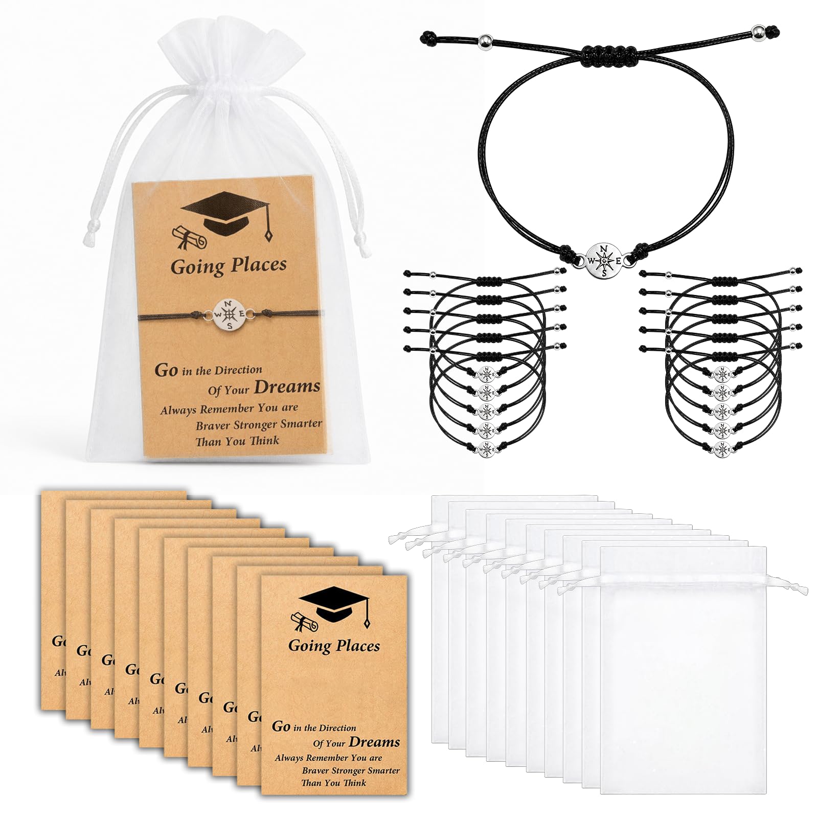 DVDVBOOM 10Pcs Graduation Compass Bracelet Bulk Gifts Adjustable Rope Bracelets with Inspirational Cards Set