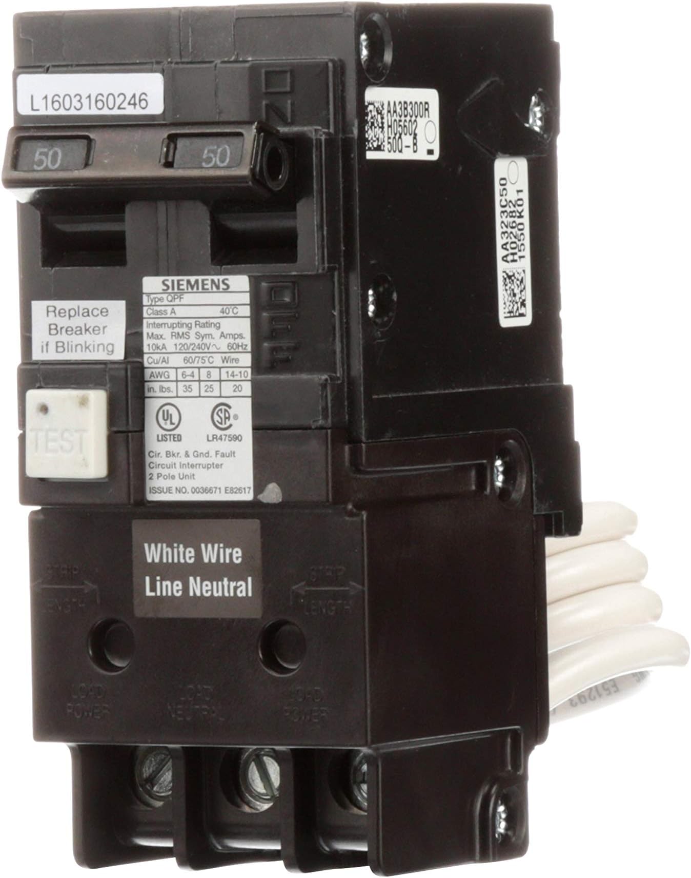 QF250A Breaker Ground Fault Circuit Interrupter, 50 Amp, 2 Pole, 240 Volt, 10,000 AIC