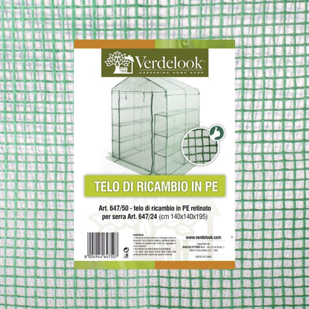 VERDELOOK | Telo di Ricambio in PE Retinato per Serra a Casetta 6 Ripiani Codice 647/24, Resistente, Protezione Piante, Apertura Frontale con Cerniera 140x140x195 cm