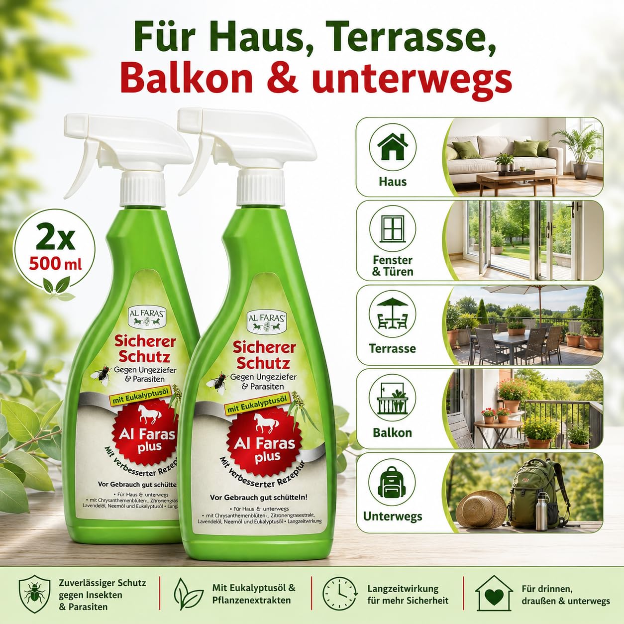 Sicherer Schutz Insektenspray 2x500 ml ohne Aerosole | Anwendungsfertige Flüssigkeit mit Eukalyptusöl für Oberflächen gegen kriechende und fliegende Insekten