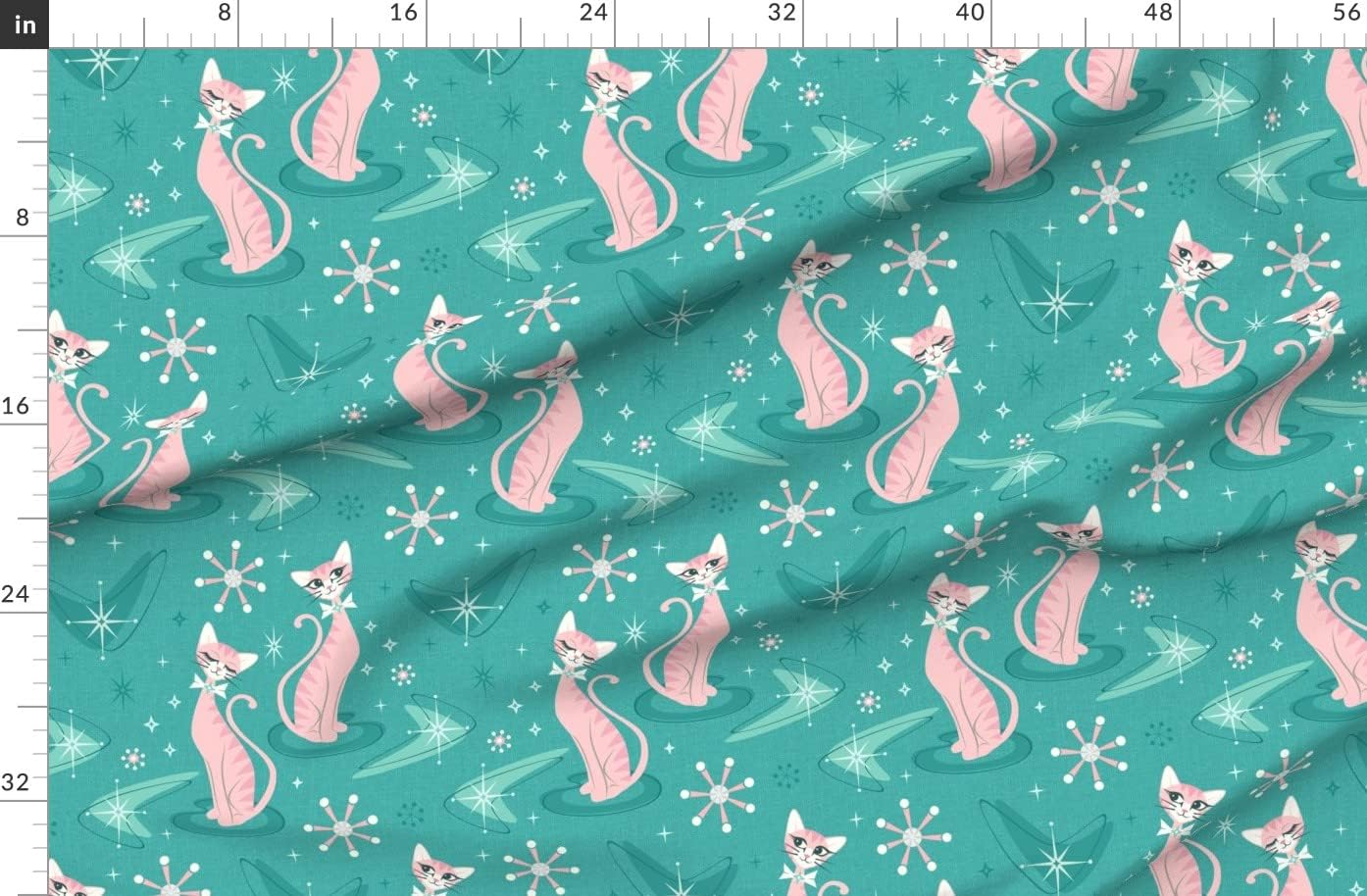 Spoonflower Fabric - Kitsch Kitten Turquoise Cat 1950S Cats Fifties Atomic Printed on Organic Cotton Sateen Fabric by The Yard - Sewing Quilting Apparel Home Decor