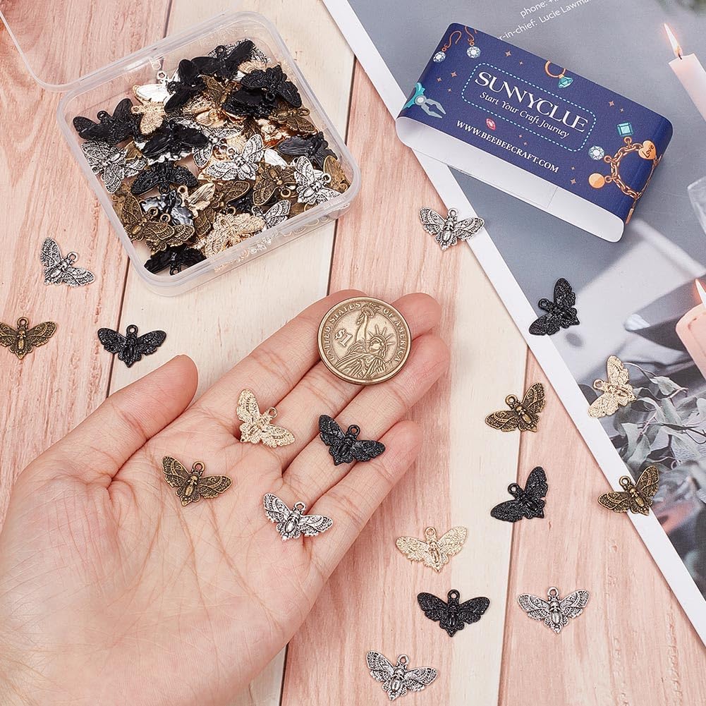 SUNNYCLUE 80Pcs Gothic Style Moth Charms Kit - Black Skeleton Head Insect Charms for Halloween Jewelry Making DIY Earring Craft 13x20mm - Image 3