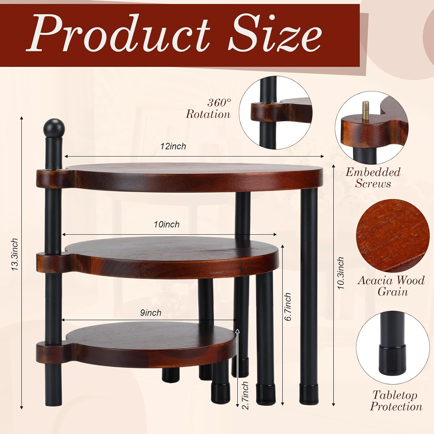 3 Tier Cupcake Stand Wood Cake Stand 360° Rotating Acacia Wood Dessert Table Display Set with Iron Base Rustic Tiered Serving Tray for Wedding Birthday Baby Shower Tea Party