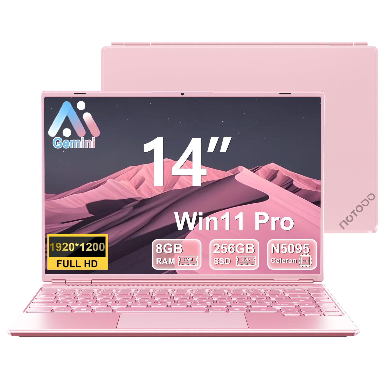 NOTODD Ordenador Portátil 14 Pulgadas Win11 Pro Portatiles Celeron N5095 8GB RAM 256GB SSD 1TB Expand (TF 512GB) 1920x1200 Laptop con Type-C WiFi 5G Mini HDMl Portatiles Baratos y Buenos - Rosa
