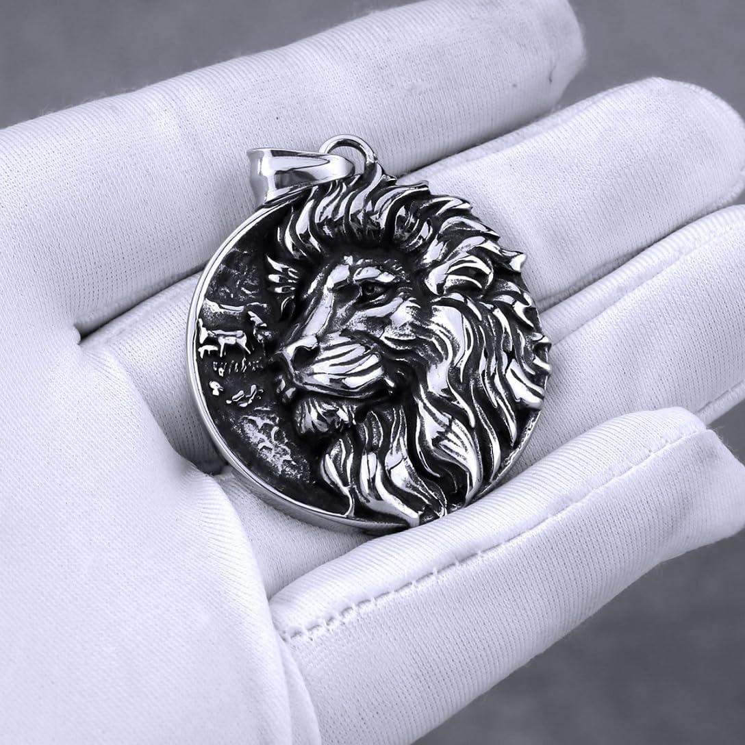 Lion Head Medallion Pendant for Men Punk Lion Mane Necklace, Gothic Lion Totem Necklace Men’s Masculine Lion Animal Jewelry Rock Lion Head Circle Charm Necklace - Image 5