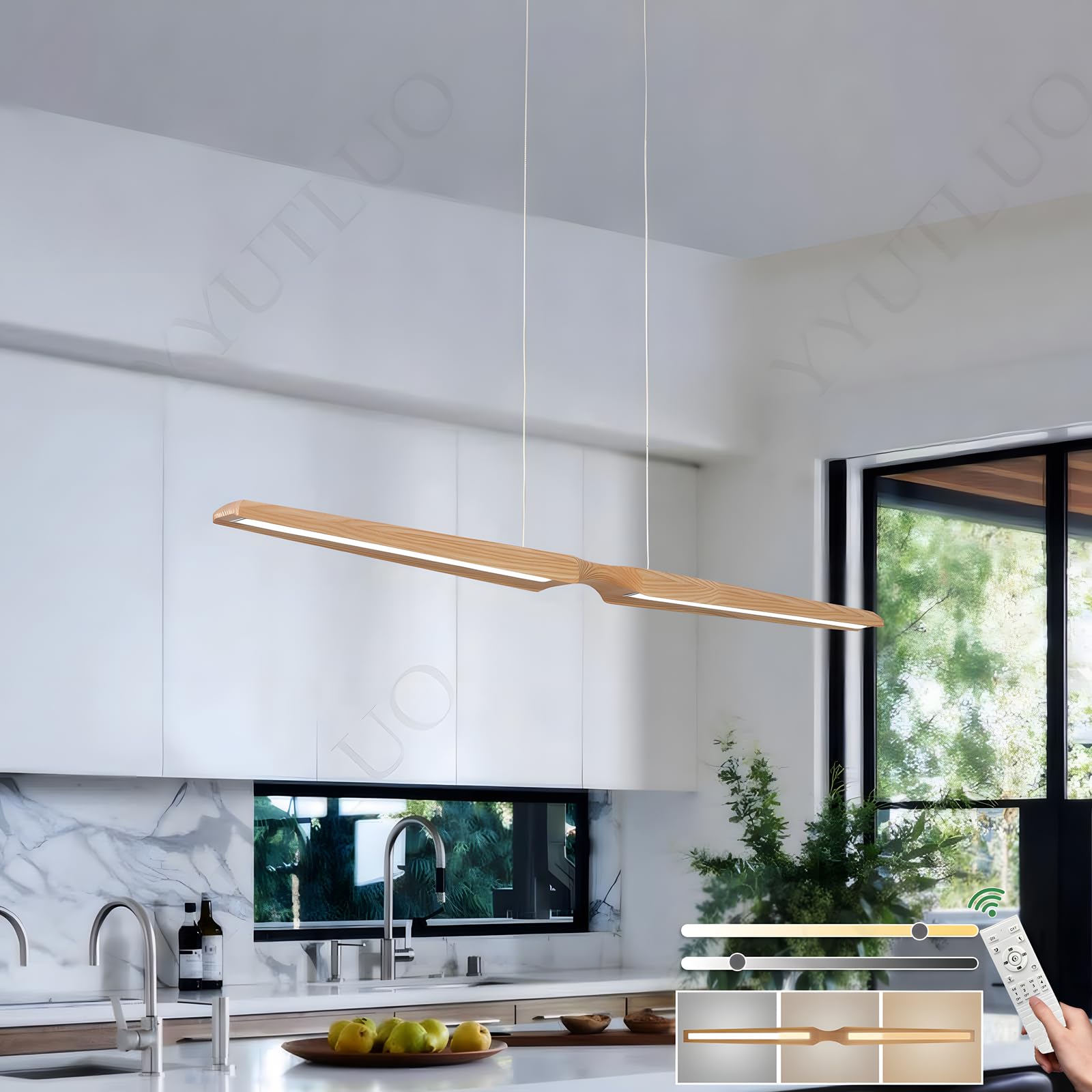 YYUTLUO Special-Shaped Linear Wooden Dining Table Chandelier, Stepless Dimming With Remote Control, 2 Light Sources, Height Adjustable, Modern And Simple Living Room, Office, Dining Room (L100*H150cm)