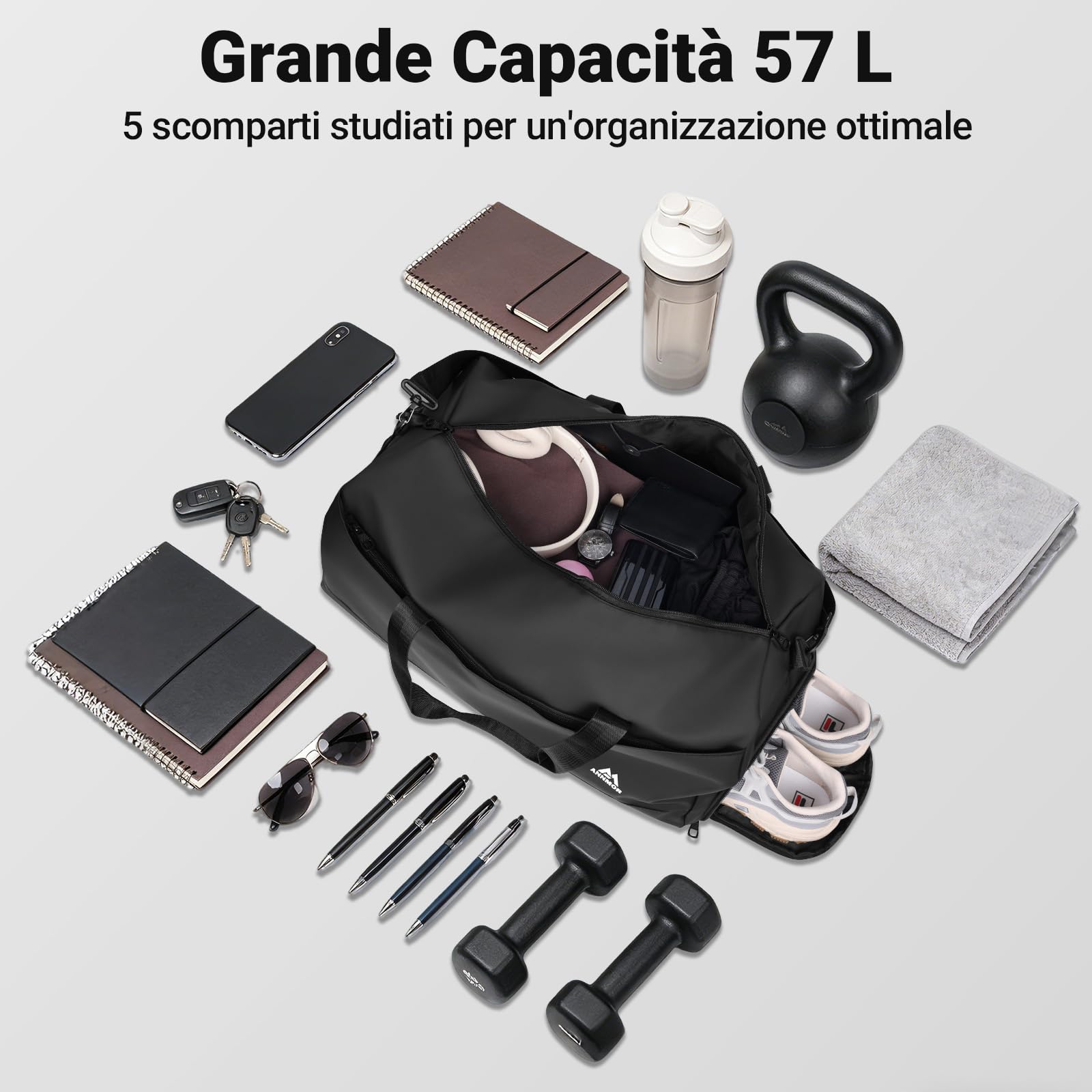 Borsa Palestra, 57L Capiente Gym Bag Uomo con Scomparto Scarpe Separato & Tasca Impermeabile