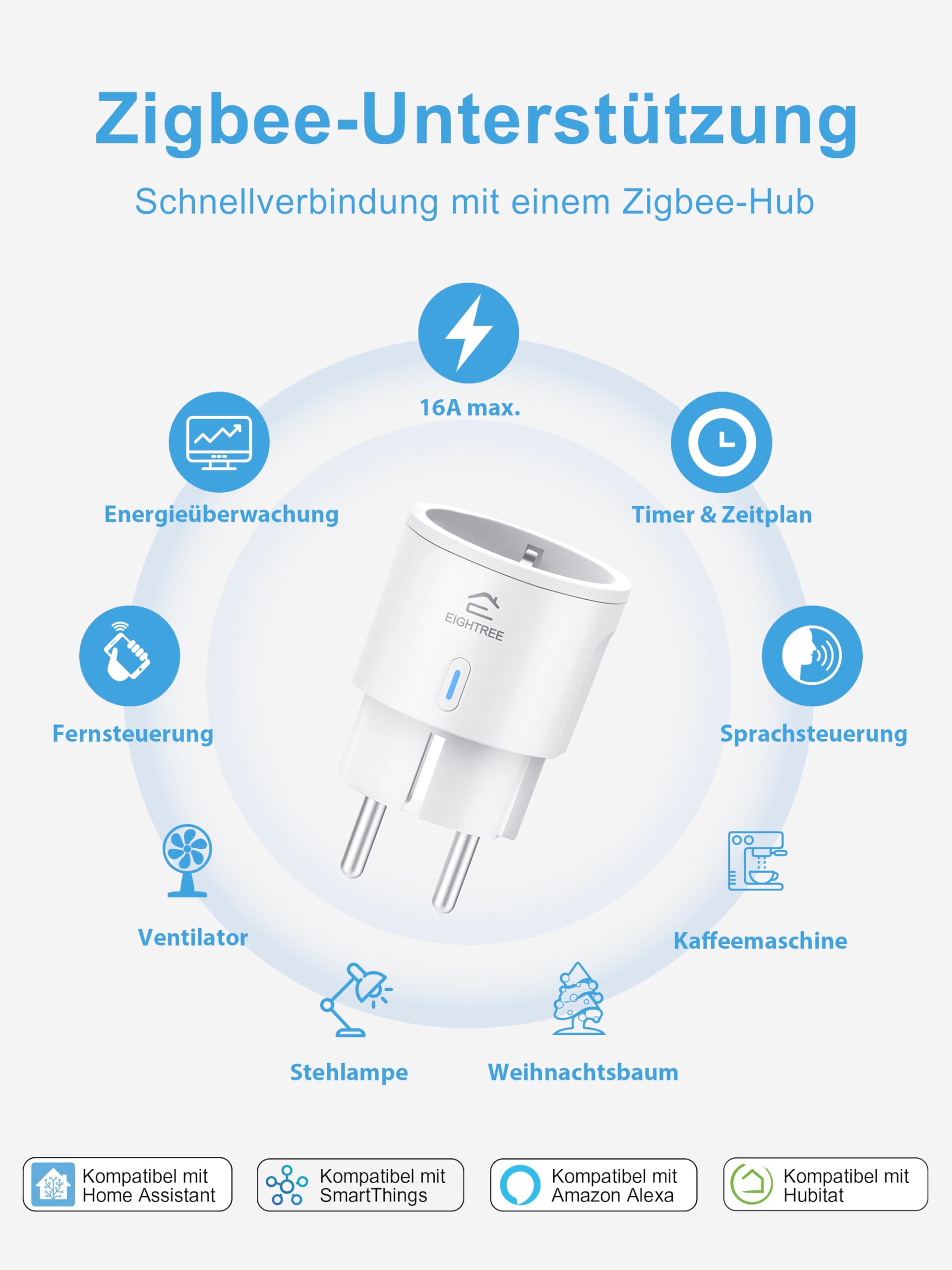 EIGHTREE Zigbee Steckdose mit Stromverbrauchsmessung, 16A, Sprachsteuerung, Zeitplan & Timer, 𝗭𝗶𝗴𝗯𝗲𝗲 𝗛𝘂𝗯 erforderlich, Zigbee Smart Steckdose kompatibel mit Home Assistant, SmartThings, Alexa