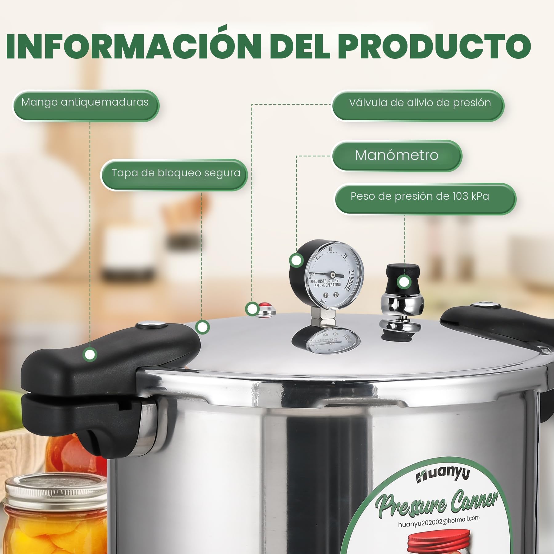 Huanyu Olla a Presión 22L con Manómetro y Peso de Presión 15PSI Esterilizador de latas con base de aleación compatible con cocinas de inducción y gas Conservas a presión