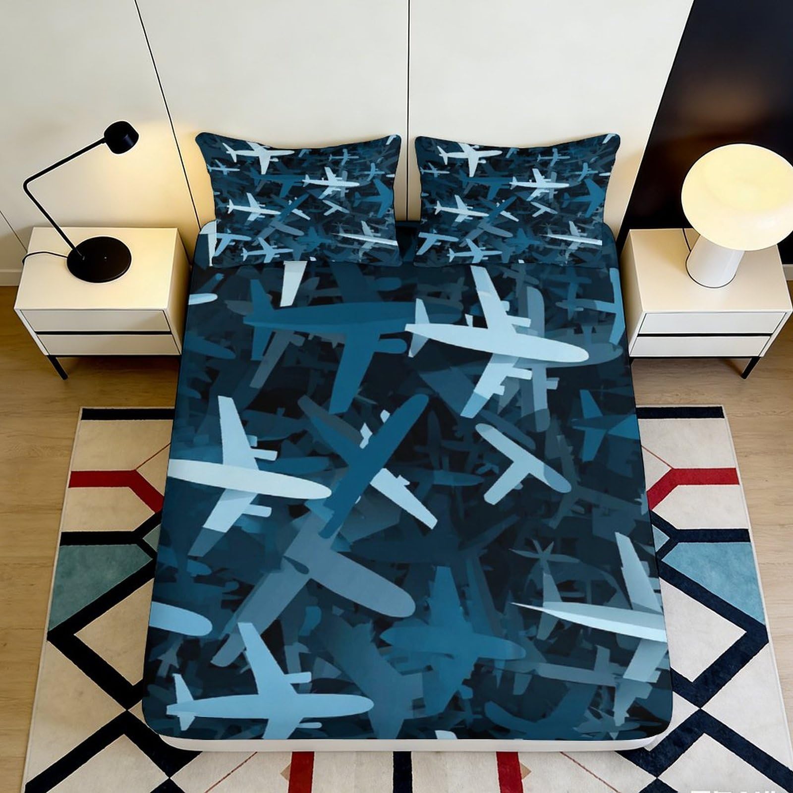 3D Printed Blue Airplane Fitted Sheet Microfiber Soft Breathable Camouflage Aircraft Mattress Cover for Bedroom Dorm Decor 90x200x25cm