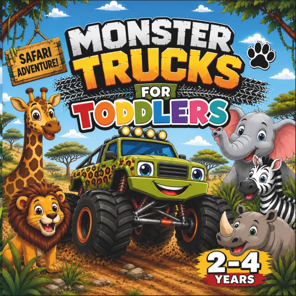 Monster Trucks for Toddlers 2-4 Years: Safari Adventure Monster Truck Coloring Book: Big Wheels, Friendly Safari Animals, Easy Coloring Pages and Fun Adventures for Little Explorers