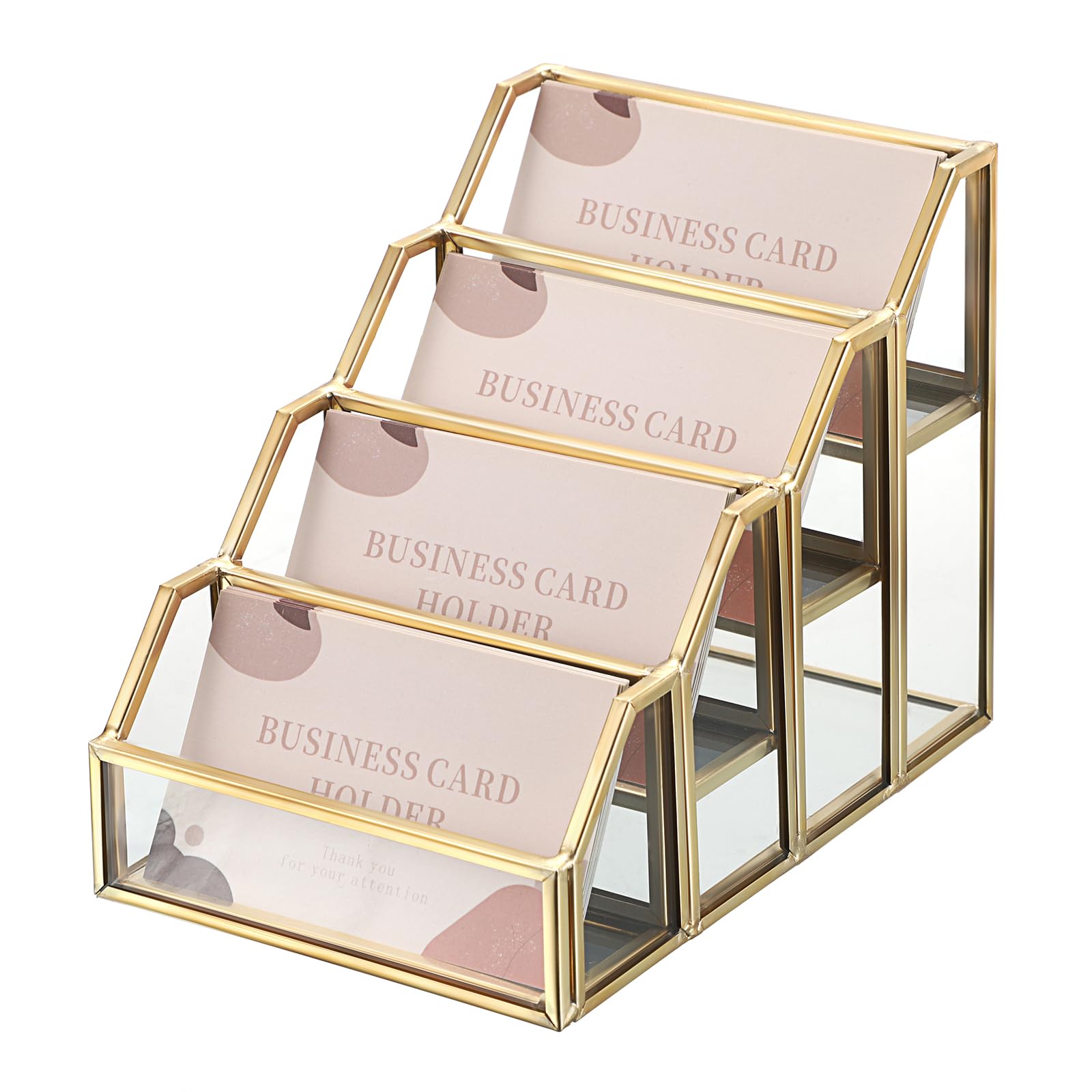 Fyozyon Glass Business Card Holder 2 Slots Gold Business Card Stand Mirrored Base Name Display Holder for Desk Multiple Clear Business Card Holder Display for Office (4 Slots)