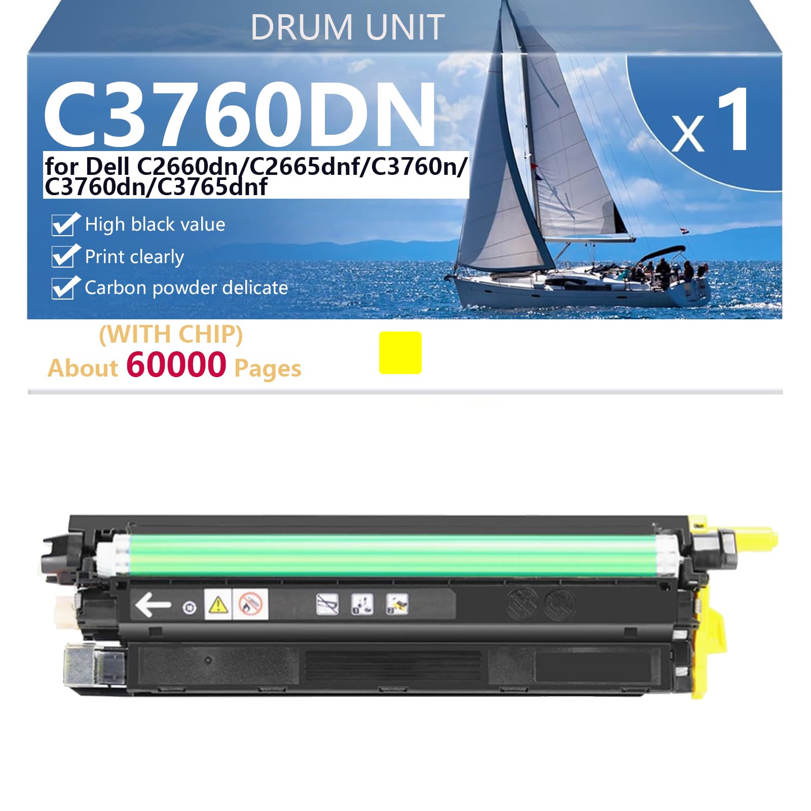 C3760DN Unità Tamburo Compatibile per Dell C2660dn C2665dnf C3760n C3760dn C3765dnf Stampanti, Resa Elevata 3000 Pagine, Stampa ad alta Definizione,Yellow-1 pack