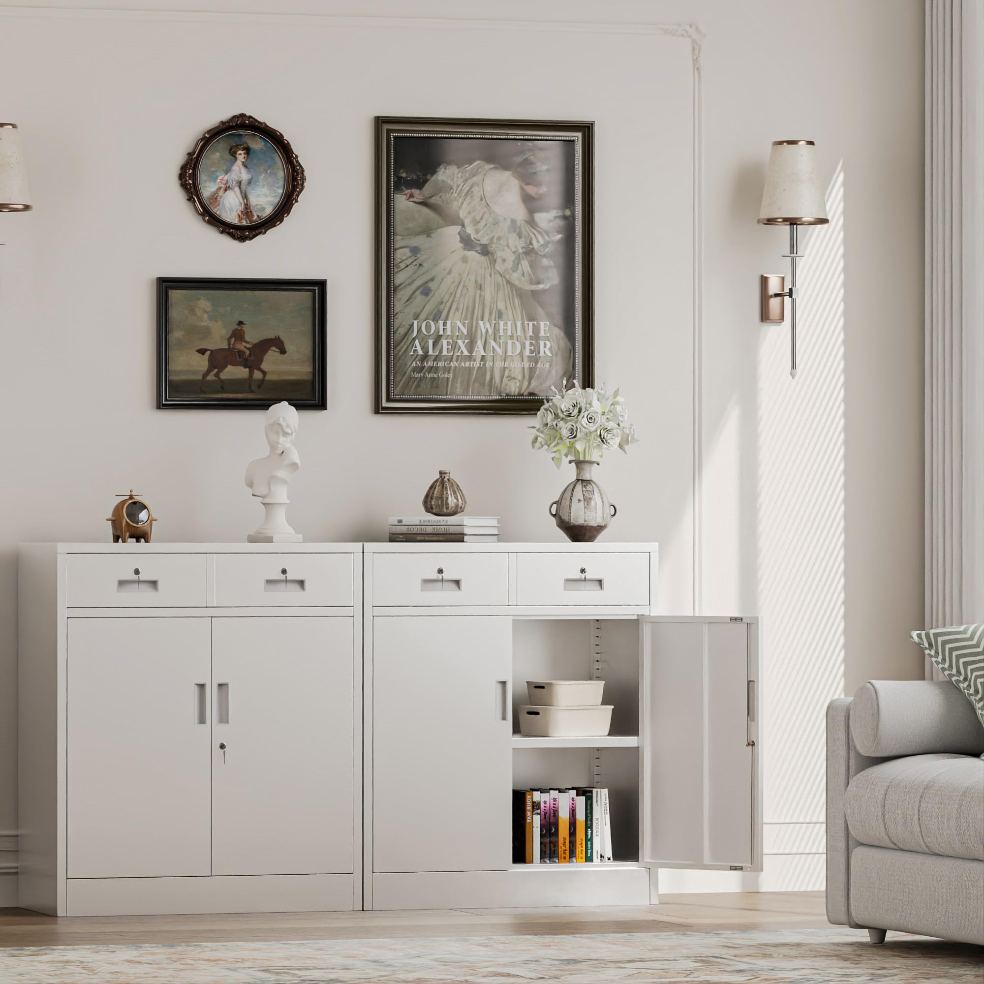 Armadietto multiuso, armadio da ufficio con 2 ante con serratura, armadietto in acciaio, 2 cassetti e 1 ripiano regolabile per ufficio, garage (bianco, 90 x 80 x 40)