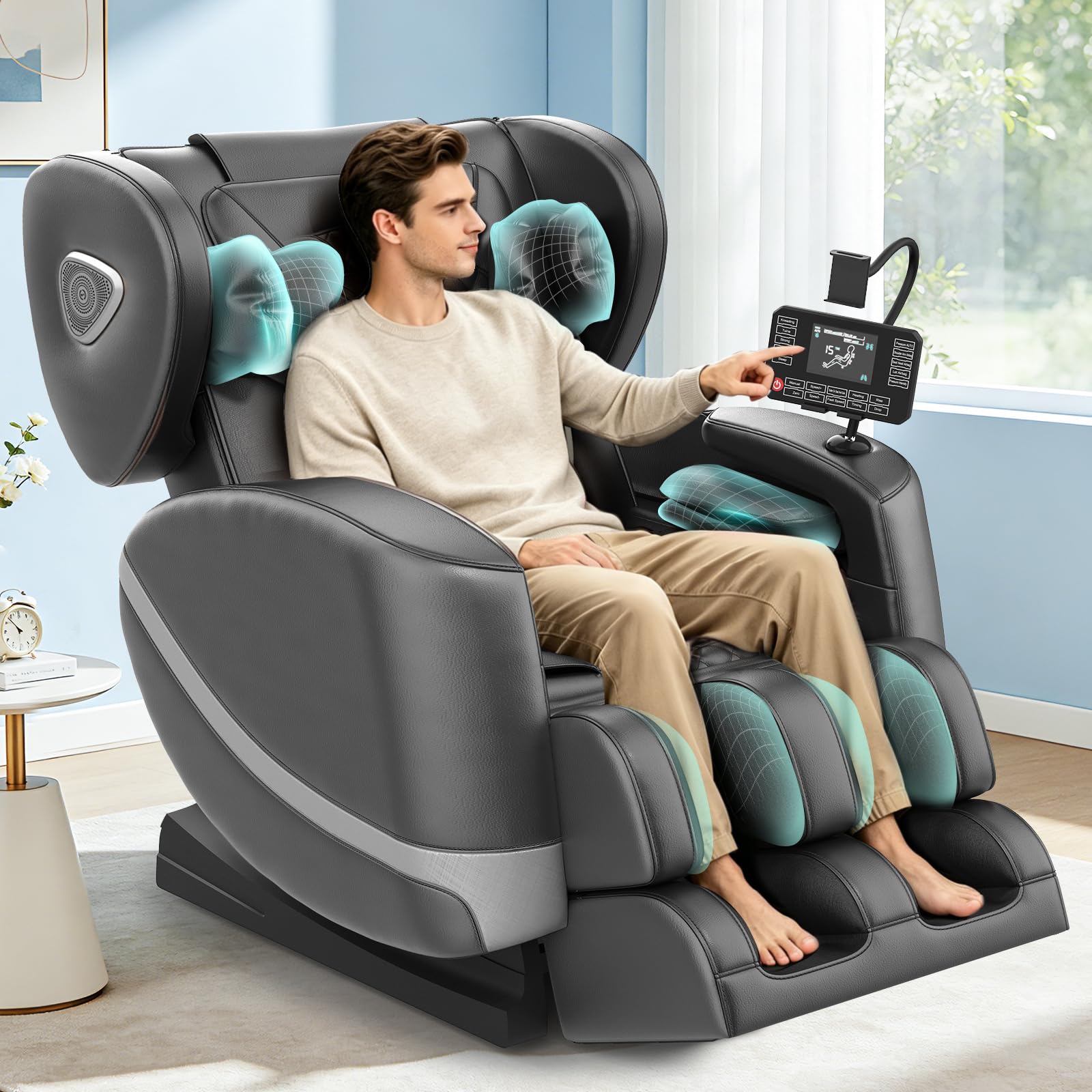 Gegcucey Ganzkörper Massagesessel mit Rollen & Airbags für Massage, Zero Gravity mit Bluetooth Lautsprecher und Touchscreen, Heizfunktion für Taille & Beine, mit Fußmassage für Hause/Büro (Hellgrau)