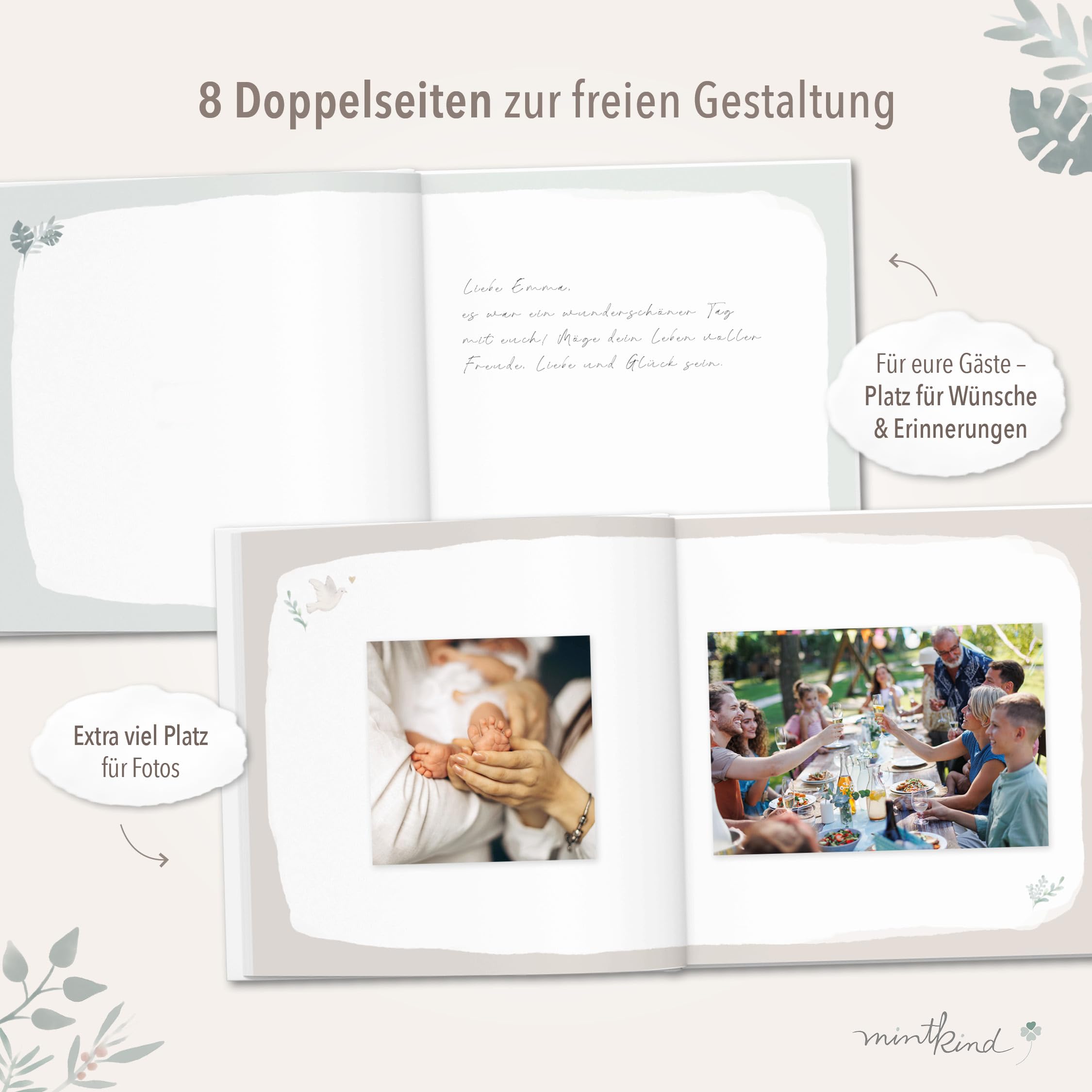 mintkind® Taufbuch Baby Meine Taufe Ausfüllbuch und Gästebuch zur Taufe salbeigrünes Pattern Design mit Platz für Fotos Wünsche und Erinnerungen 60 Seiten Hardcover Erinnerungsalbum für Kinder