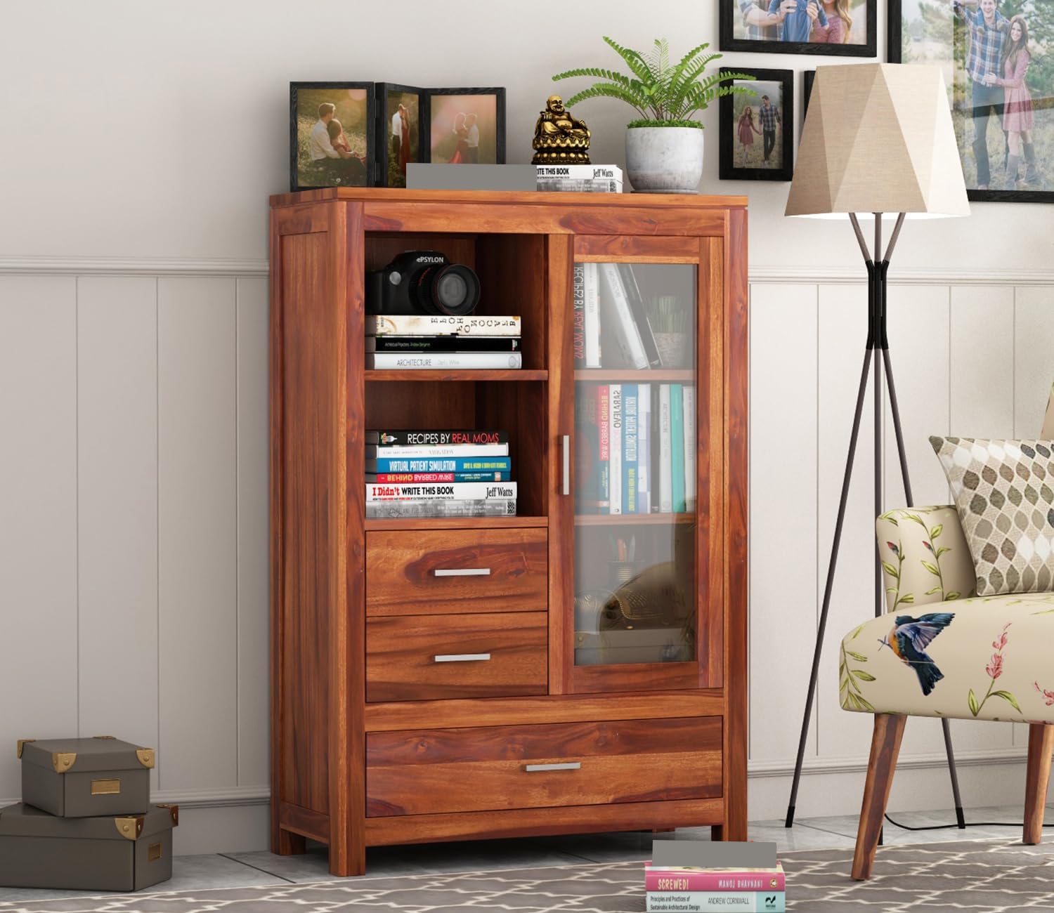 BANSHI WOOD FURNITURE Wood Book Shelf with Glass Door, Bookshelf for Home Library, Crockery Cabinet, Kitchen Cabinet Storage,Dining Room Furniture, Books Rack,Book Stand,BookCases,Shelves, Honey-image-31