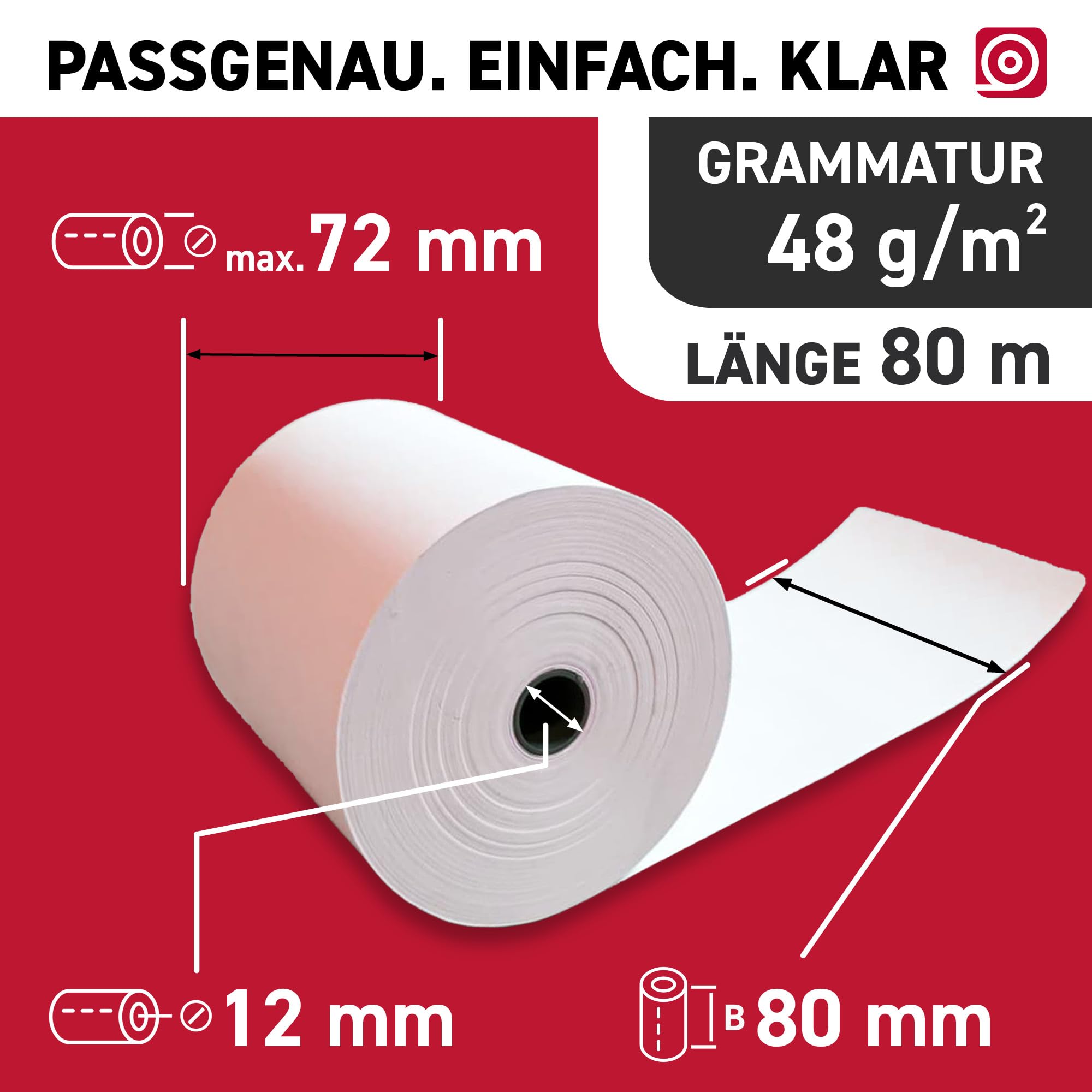 Thermorollen (80mm × 80m × 12mm) – hochwertige Bonrollen aus BPA-freiem Thermopapier – 20 Kassenrollen 72mm – für Epson TM-M30III, TM-T88V & weitere Kassenbondrucker & Kassensysteme